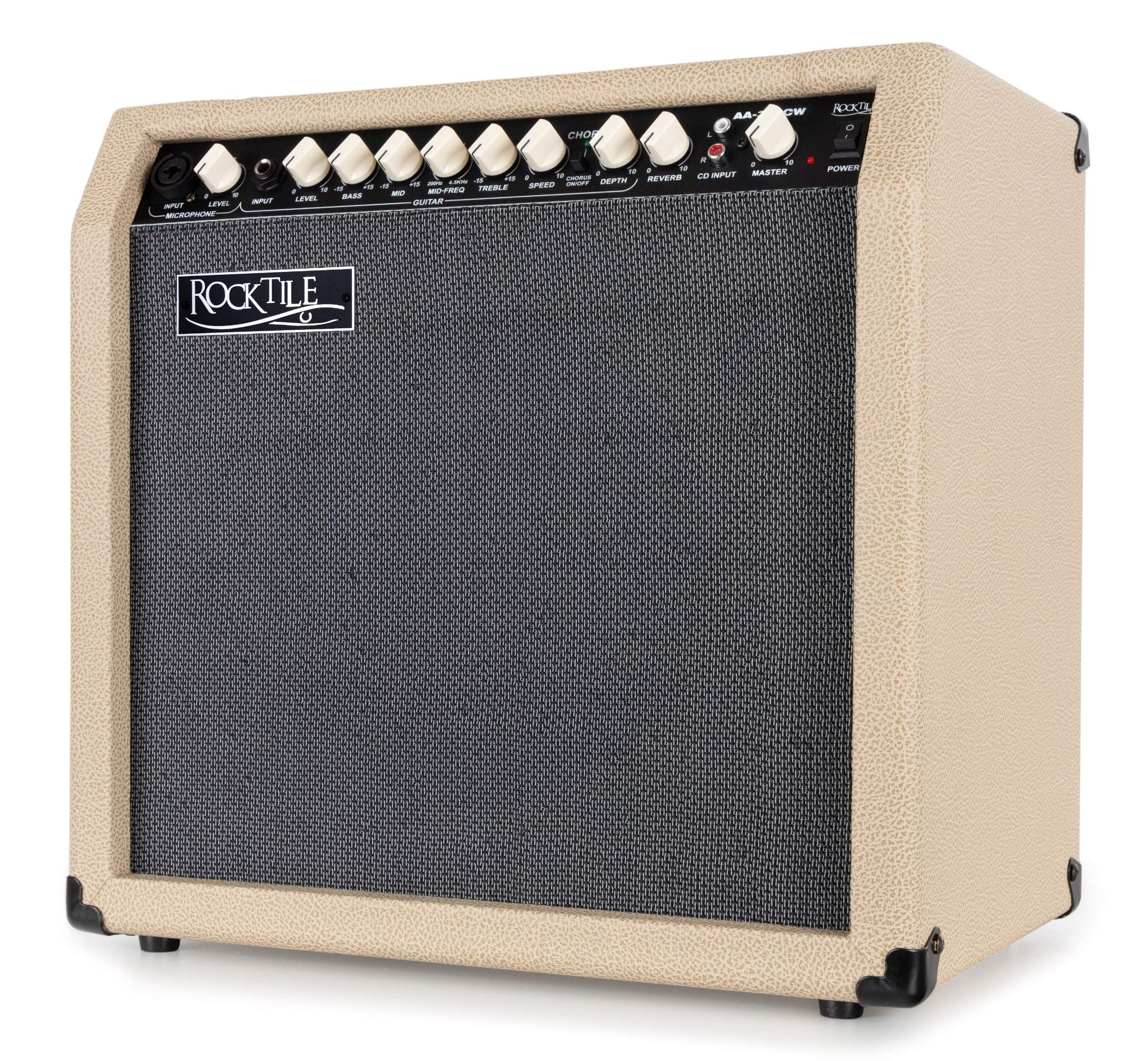 Rocktile AA-30 CW Eric Akustikverstärker - 30 Watt - 2 Kanäle (Mikrofon und Gitarre) - 10" Speaker + 2,5" Hochtöner - AUX-Eingang und Line Out - Chorus- und Hall-Effekt - Creme