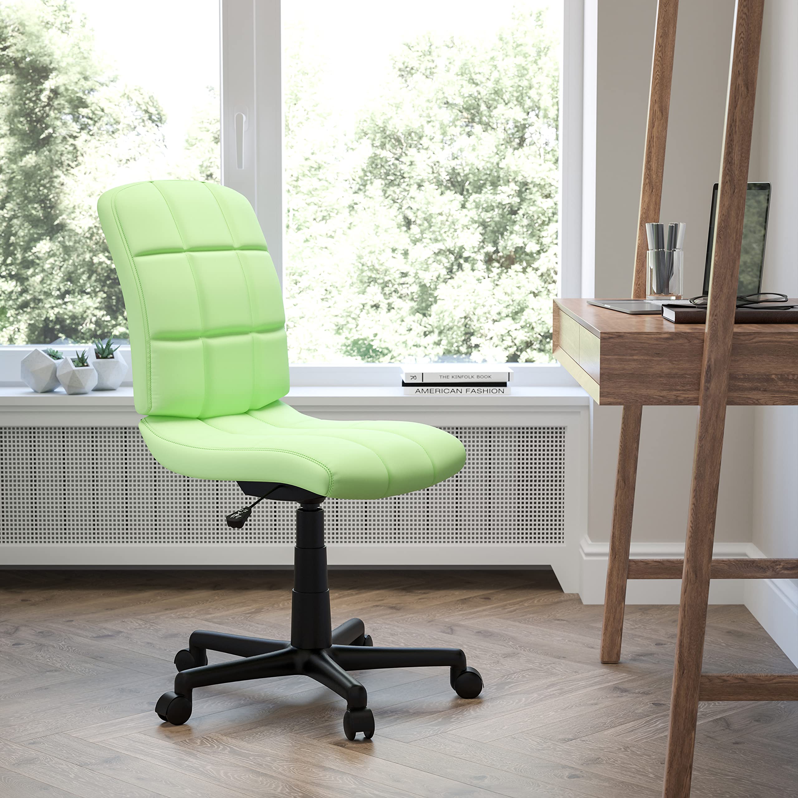 Flash Furniture Sedia girevole in vinile trapuntato con schienale medio, acciaio, verde, 58,42 x 55,88 x 22,86 cm