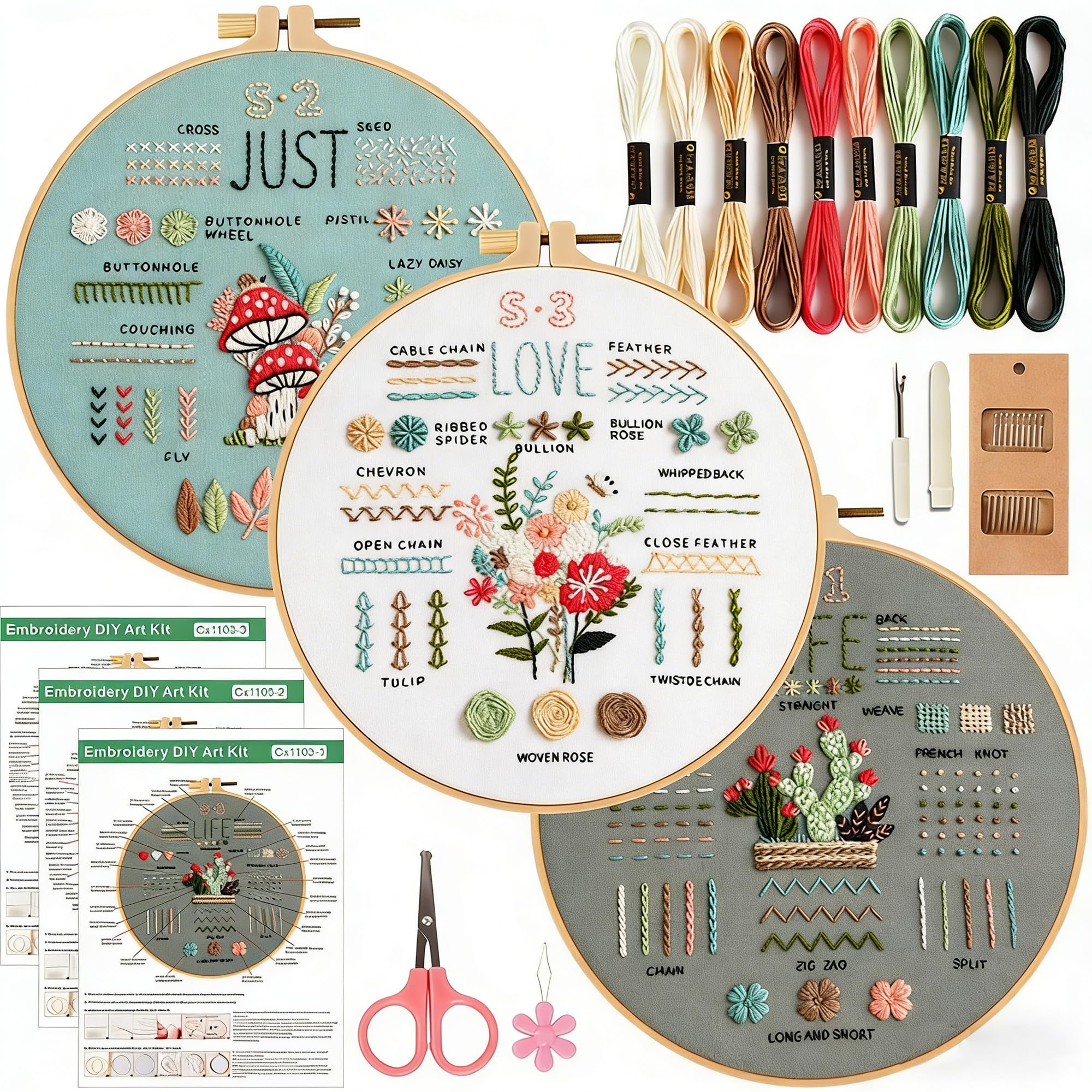 WYIPOLZI 3 Pcs Embroidery Kit for Beginners, DIY Hand Embroidery Starter Kit with Pre-Printed Needlework Pattern, Hoop & Embroidery Accessories, DIY Stitch Craft Set for Adults, Sewing Gift Set