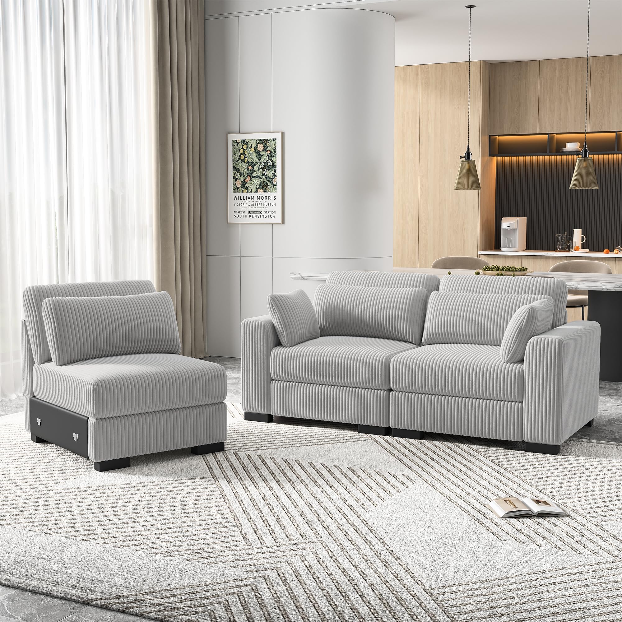 3-osobowa rozkładana sofa, nowoczesna modułowa tapicerowana kanapa z poduszkami, pluszowa prążkowana tkanina, stylowe meble do salonu (szara 3-osobowa)