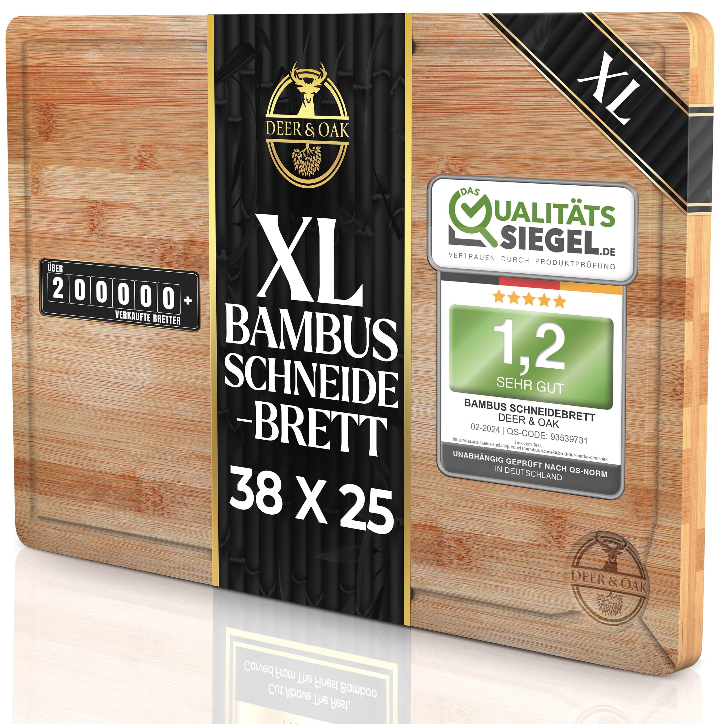 Deer & Oak Schneidebrett Holz – Ungiftig, Extra Großes Bambusbrett 38x25x2cm, Vorgeölt & Wasserabweisend, Messerfreundliches Küchenbrett für Fleisch, Gemüse & Brot