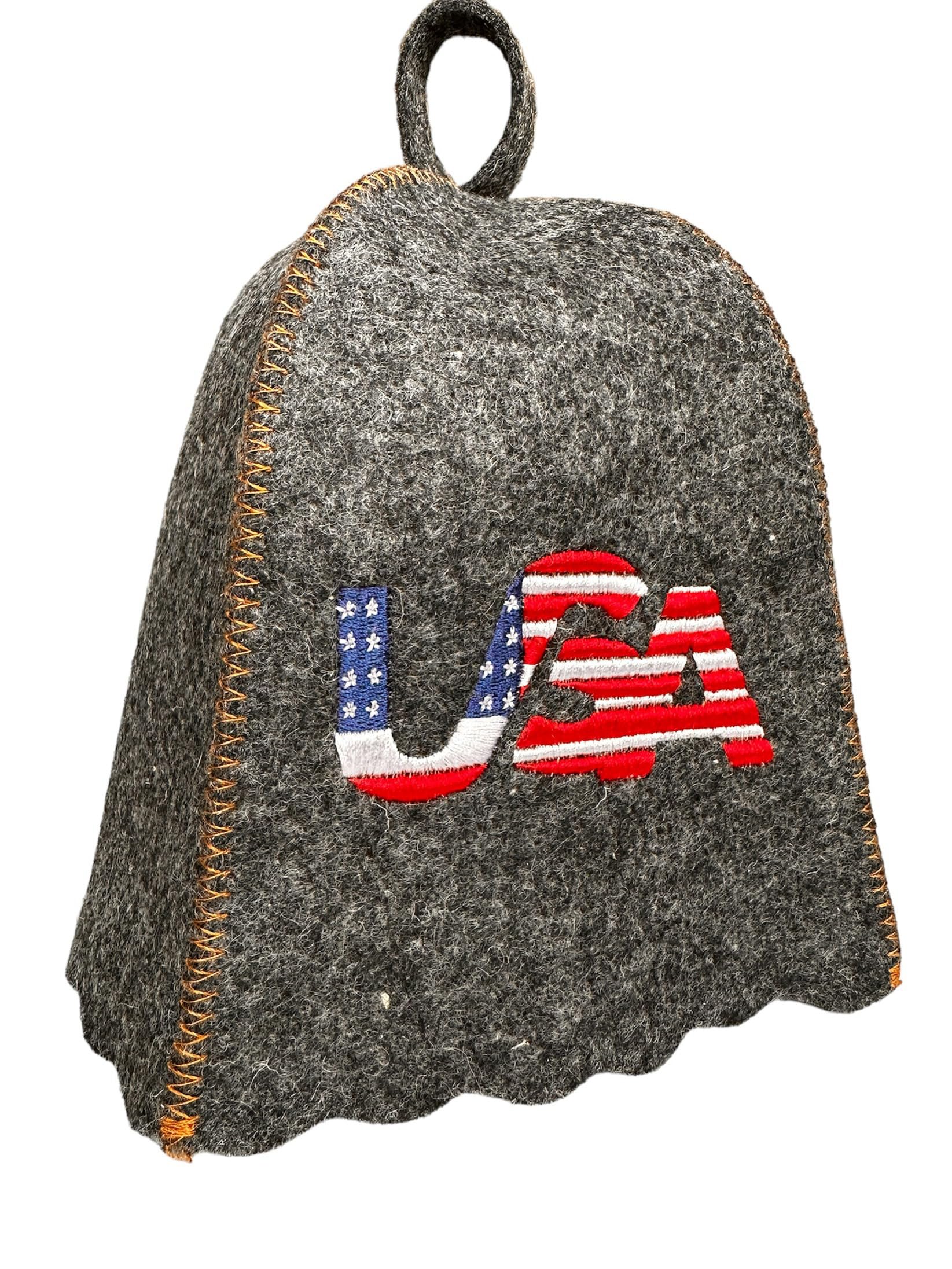 HatynkaUA Sauna Hat for Men - Traditional Finnish Sheep's Wool Felt Banya Hat - American Patriotic Embroidery Grey, X-Large