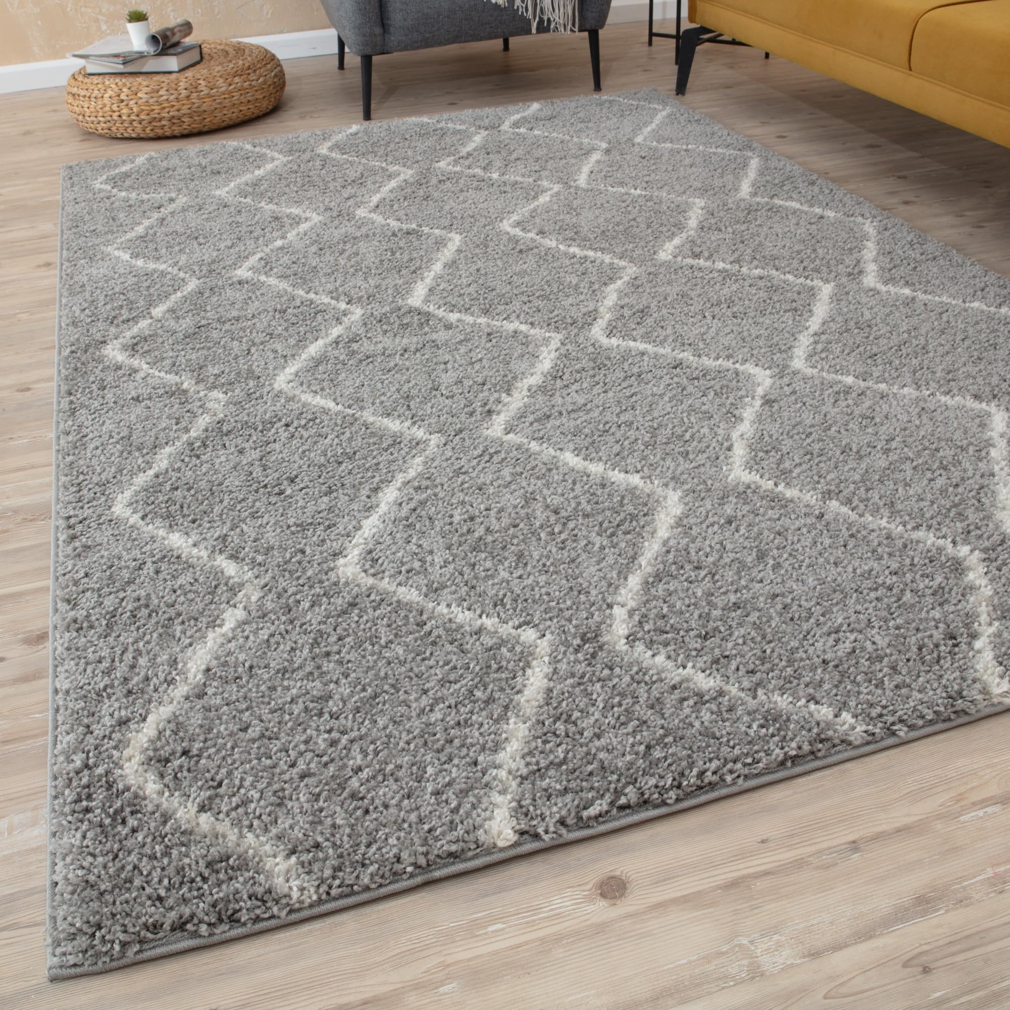 THE RUGS Moroccan Soft Shaggy Rugs & Runners Grey & Ivory Living Room | Size: 200cm x 290cm