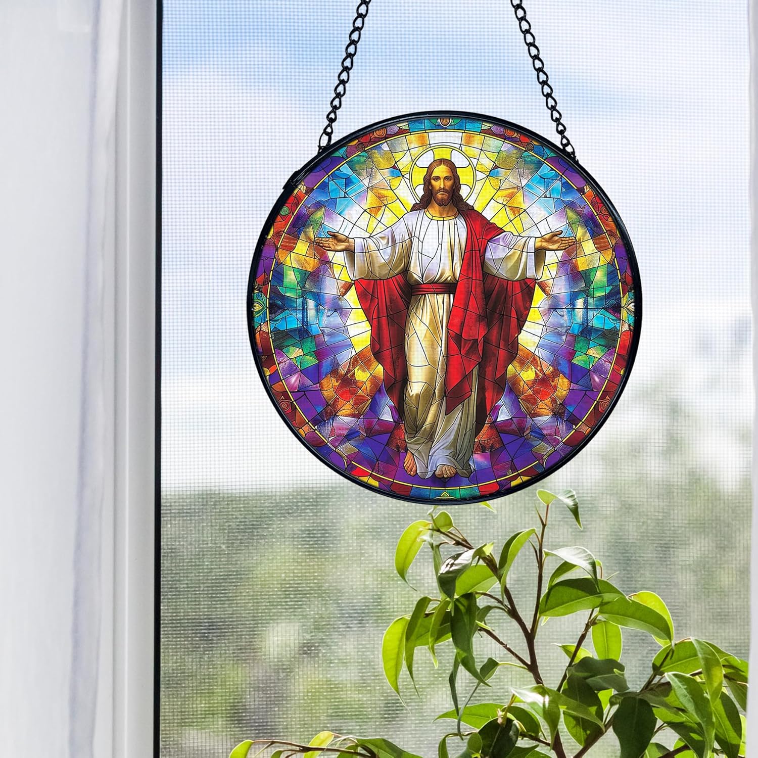 Jesus Christian Stained Glass Window Hanging, Jesus Religious Sun Catchers Indoor Window Round Glass Wall Art Decor, Christian Suncatcher Wall Hanging Decorations, Gardening & Lawn Care - Image 6