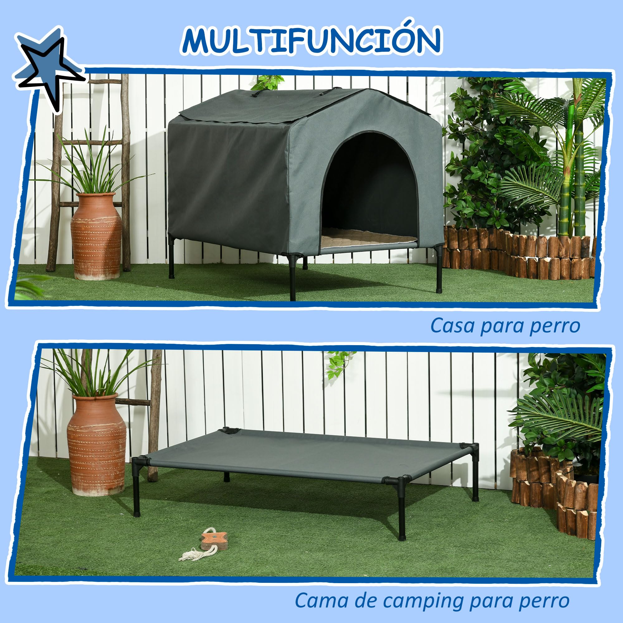 PawHut Caseta para Perros 130x85x95 cm Cama para Perros con Cojín Ventanas de Malla Enrollable y Cubierta Exterior para Perros Grandes Gris