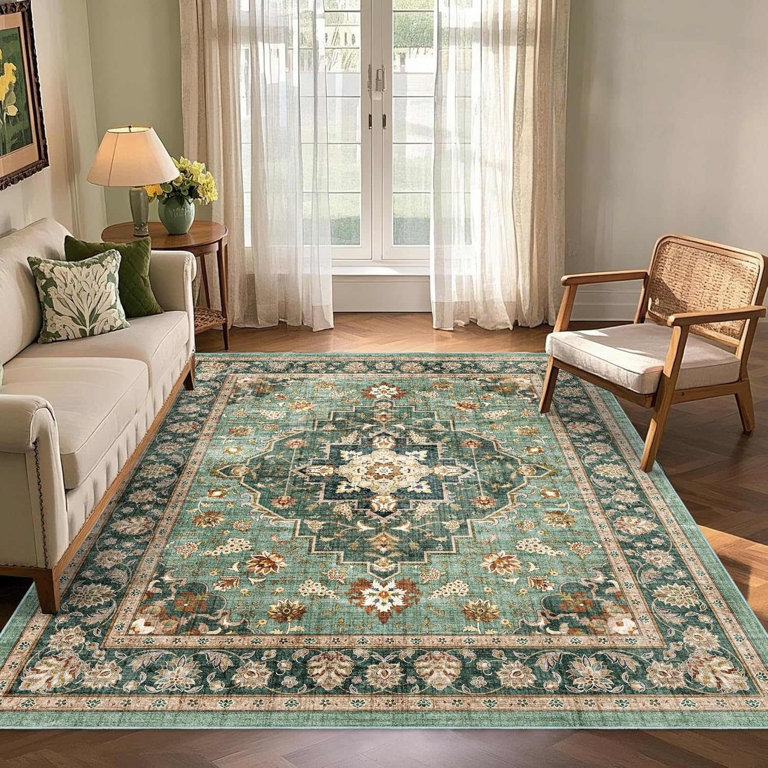 Area Rug for Living Room - Vintage Indoor Machine Washable Rug for Bedroom Dinning Room Floor - Soft Low-Pile Carpet Non-Slip Backing Floral Rugs for Office (Forest Green, 6' × 9')