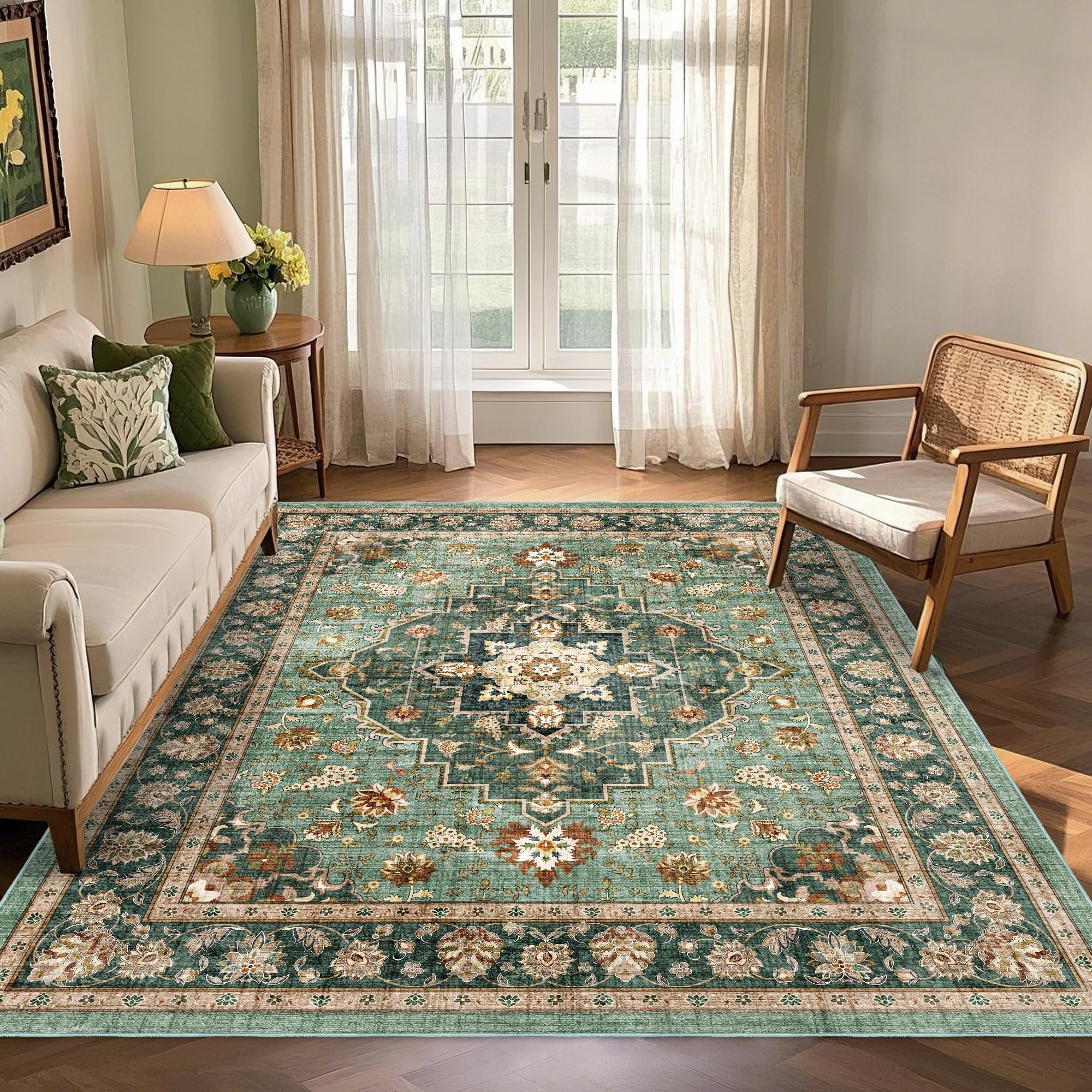Brevonox Area Rug for Living Room - Vintage Indoor Machine Washable Rug for Bedroom Dinning Room Floor - Soft Low-Pile Carpet Non-Slip Backing Floral