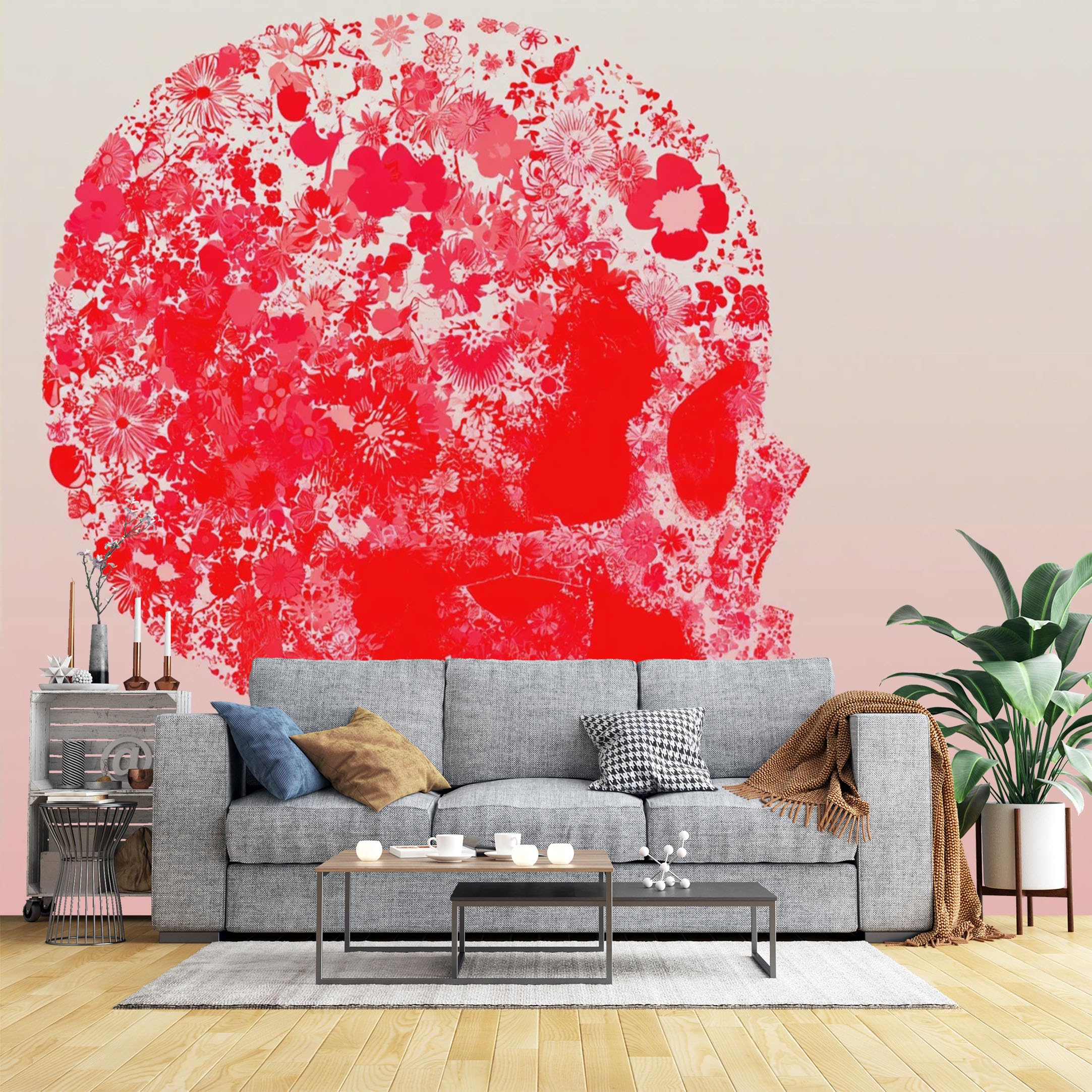 Custom Size Wall Murals Red Floral Skull Pattern Wall Murals Gothic Floral Wallpaper, Full Wall Self-Adhesive Removable Wallpaper for Bedroom