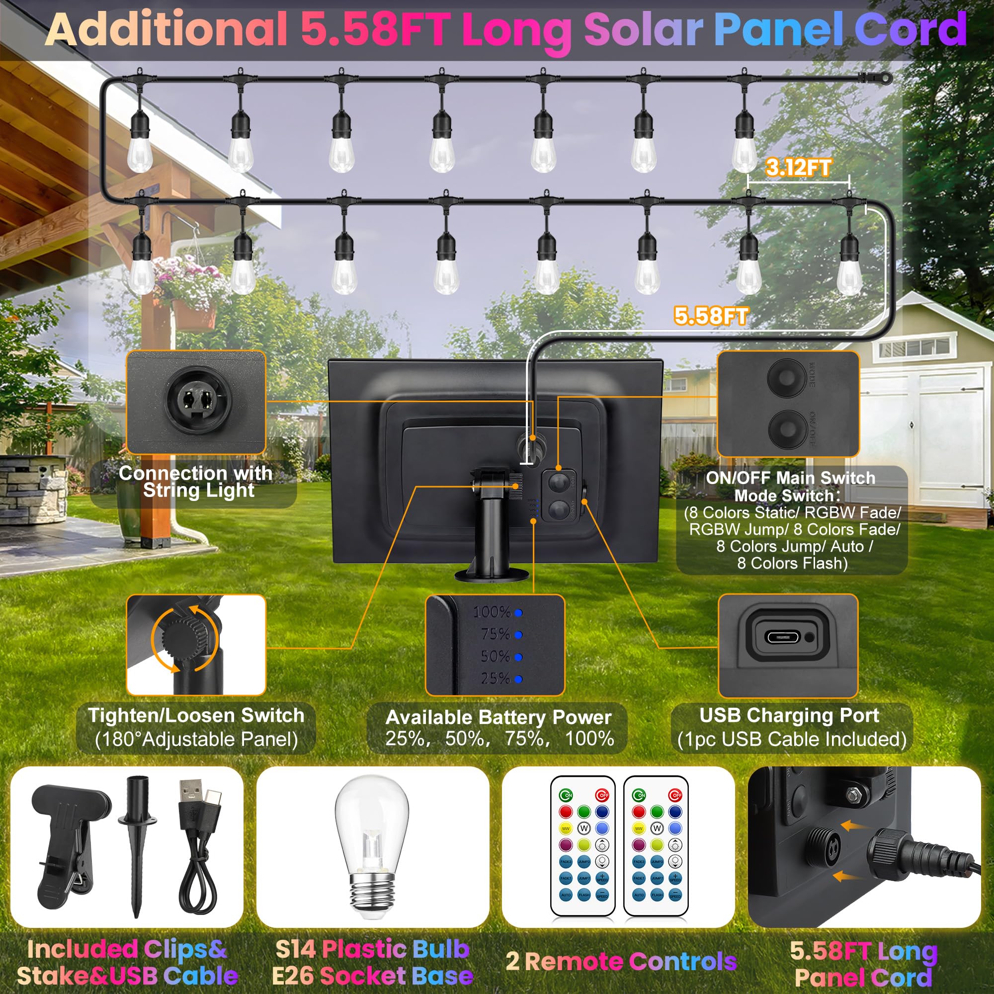 Larkvue Guirnalda de luces solares RGB para exteriores de 50 pies con control remoto, luces de patio impermeables regulables con 15 bombillas LED inastillables Edison para patio trasero, color negro