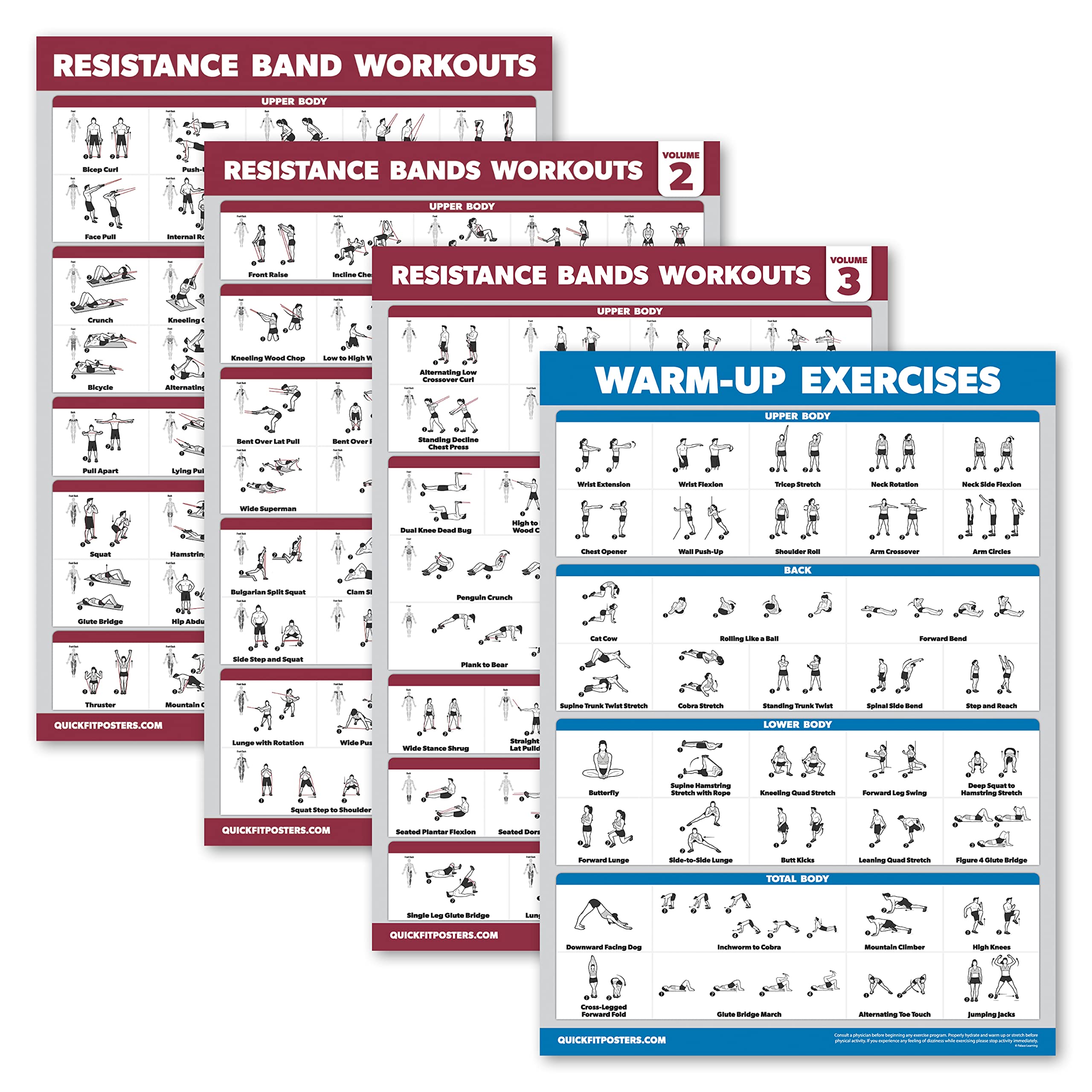 Palace Learning 4 Pack - Resistance Bands Workout Posters Volume 1, 2 & 3 + Warm Up Exercise Chart Laminated, (18" x 24")-image-2