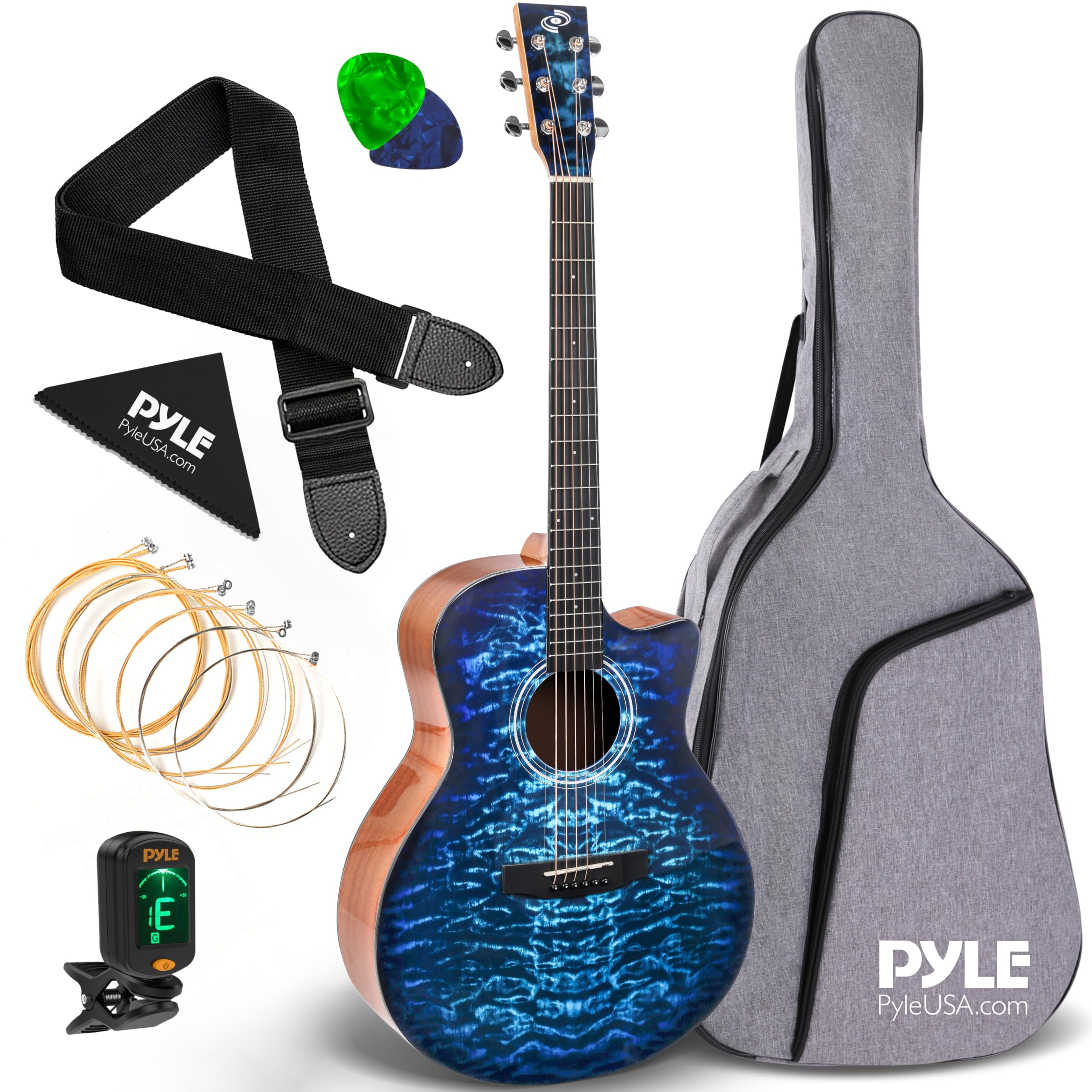 Pyle Acoustic Guitar, Full Size Classical Guitar - Steel String, 41" Blue, Gig Bag, Tuner, Extra Strings, Strap, Picks, Right Handed