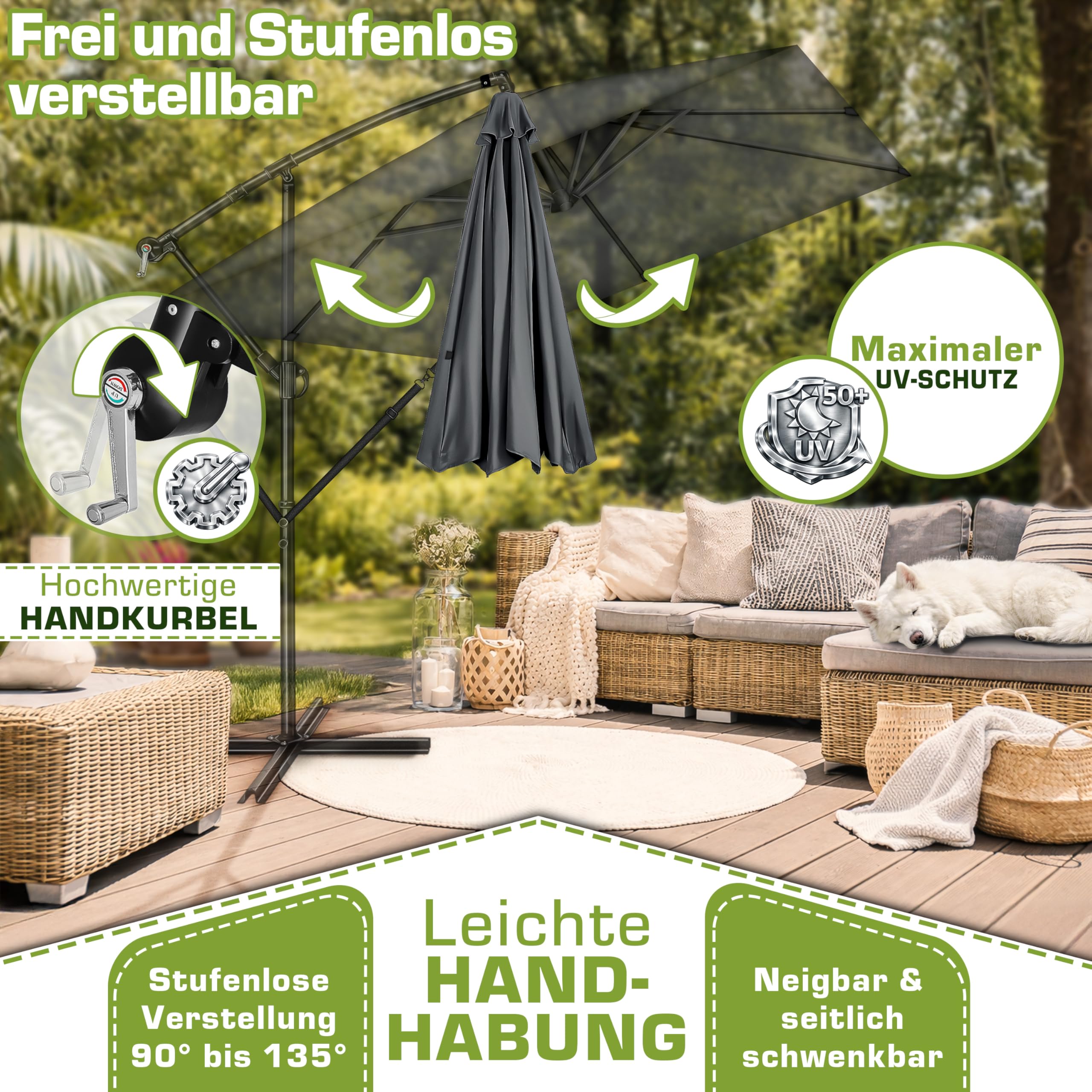 tillvex® Alu Sonnenschirm Rechteckig Ø 330 cm + Abdeckung mit Kurbel | Ampelschirm Aluminium Eckig mit Ständer & Windschutz | Gartenschirm UV-Schutz, wasserdicht, 360° drehbar