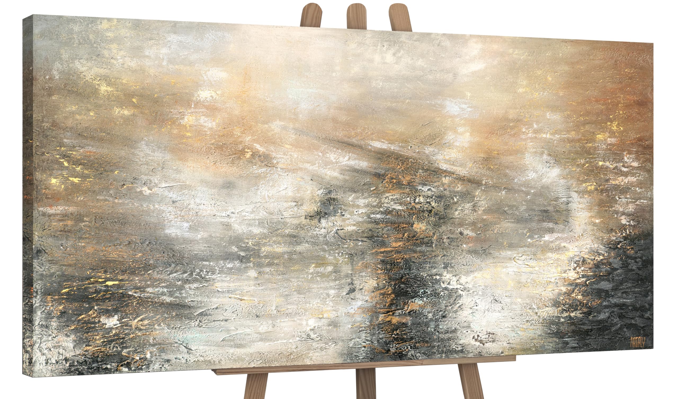YS Tableau peinte à la main art abstrait modern Puissance élémentaire tons gris et noirs avec or Décoration intérieure Surface texturée 140x70 cm