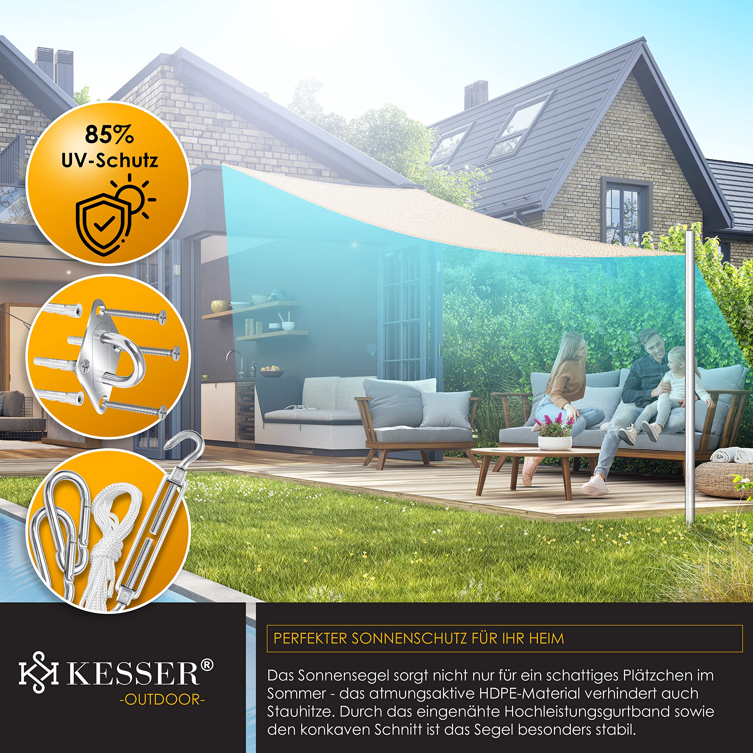 KESSER® Sonnensegel Sonnenschutz Windschutz | HDPE Gewebe | wasserabweisend & windabweisend | Dreieck 5x5x5m | 5-Fach quer vernäht robust & stabil Schattenspender Garten Balkon Terrasse Creme
