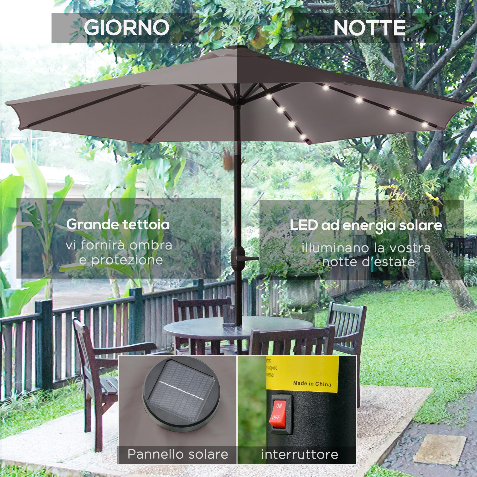 Outsunny Ombrellone da Giardino Inclinabile Ø265 cm con Manovella Grigio | 32 Luci LED Solari, Ombrellone da Esterno a 8 Stecche, Acciaio, Poliestere, Patio Cortile Balcone Terrazza
