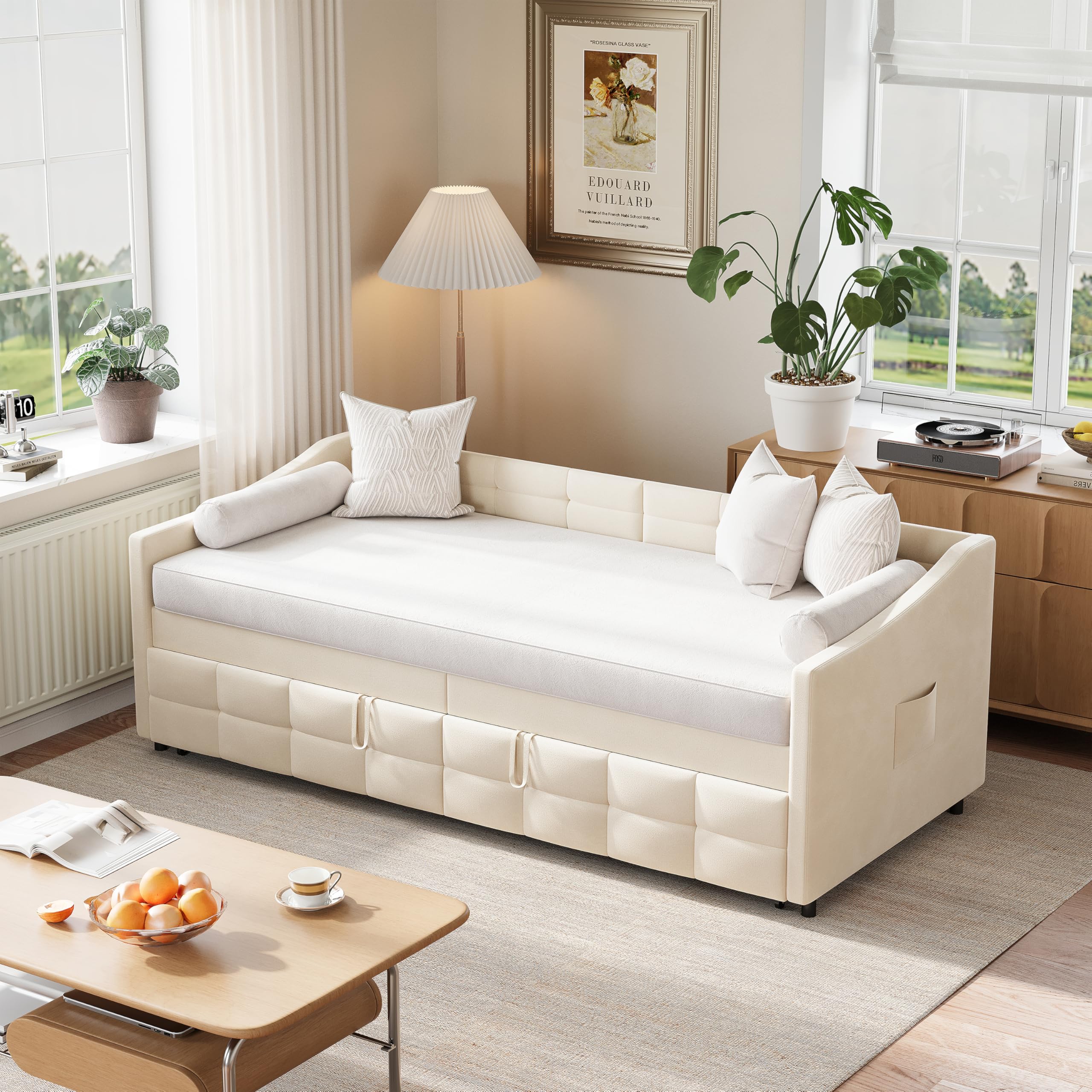 Sofá cama Convertible 90 x 200 cm con cama nido y sofá cama de 2 plazas con somier de láminas, marco de cama acolchado para adolescentes adultos, terciopelo, sin colchón (Beige 3)
