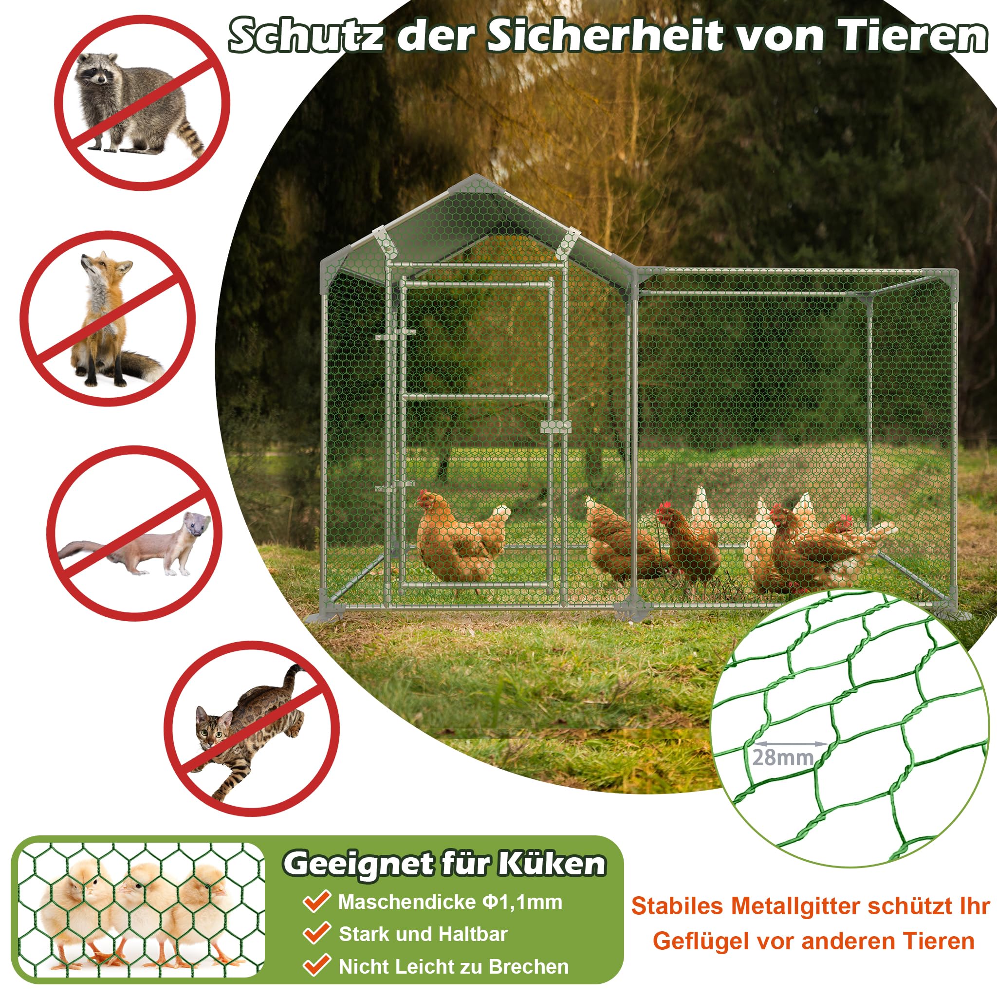 LARS360 Gallinero de acero galvanizado, 2 x 1 x 1,5 m con protección solar, jaula estable para gallinas con puerta con cerradura, cercado para aves de corral para pollos, patos y gansos