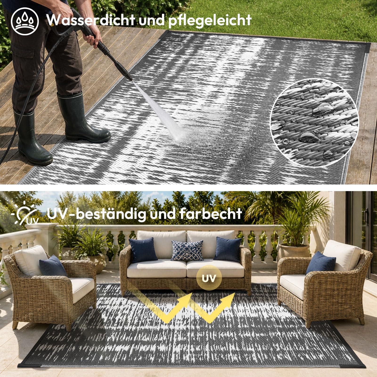 Treeboy Outdoor Teppich Wetterfest 180x270cm Reversible Matte aus Kunststoff Stroh UV-beständig Campingmatte Recycling für Patio Balkon Strand BBQ Picknick Deck,Grau & Weiß