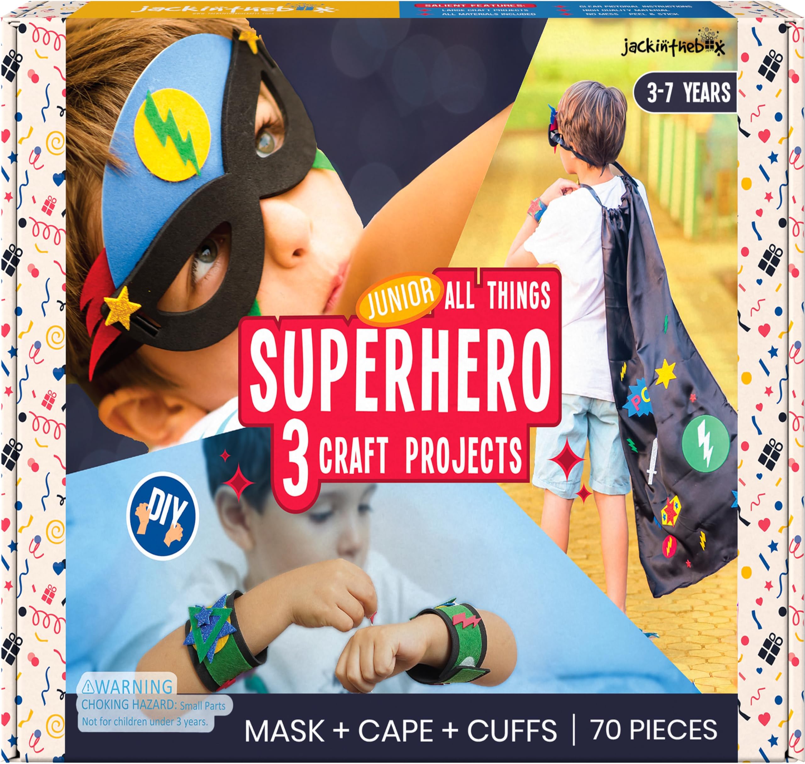 jackinthebox Superhero DIY Dress up Art and Craft Kit | Make a Cape, Mask and Cuffs | Best Gift for Boys Ages 5 6 7 8 Years | 3 Craft Projects in 1 Box
