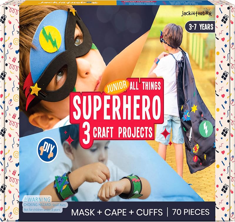 jackinthebox Kit de manualidades para disfraces de superhéroes para niños, regalo de cumpleaños | Crea tu propio disfraz con máscara, capa y puños DIY, actividad artística creativa, regalo de cumpleaños para niños de 3, 4, 5, 6 y 7 años.