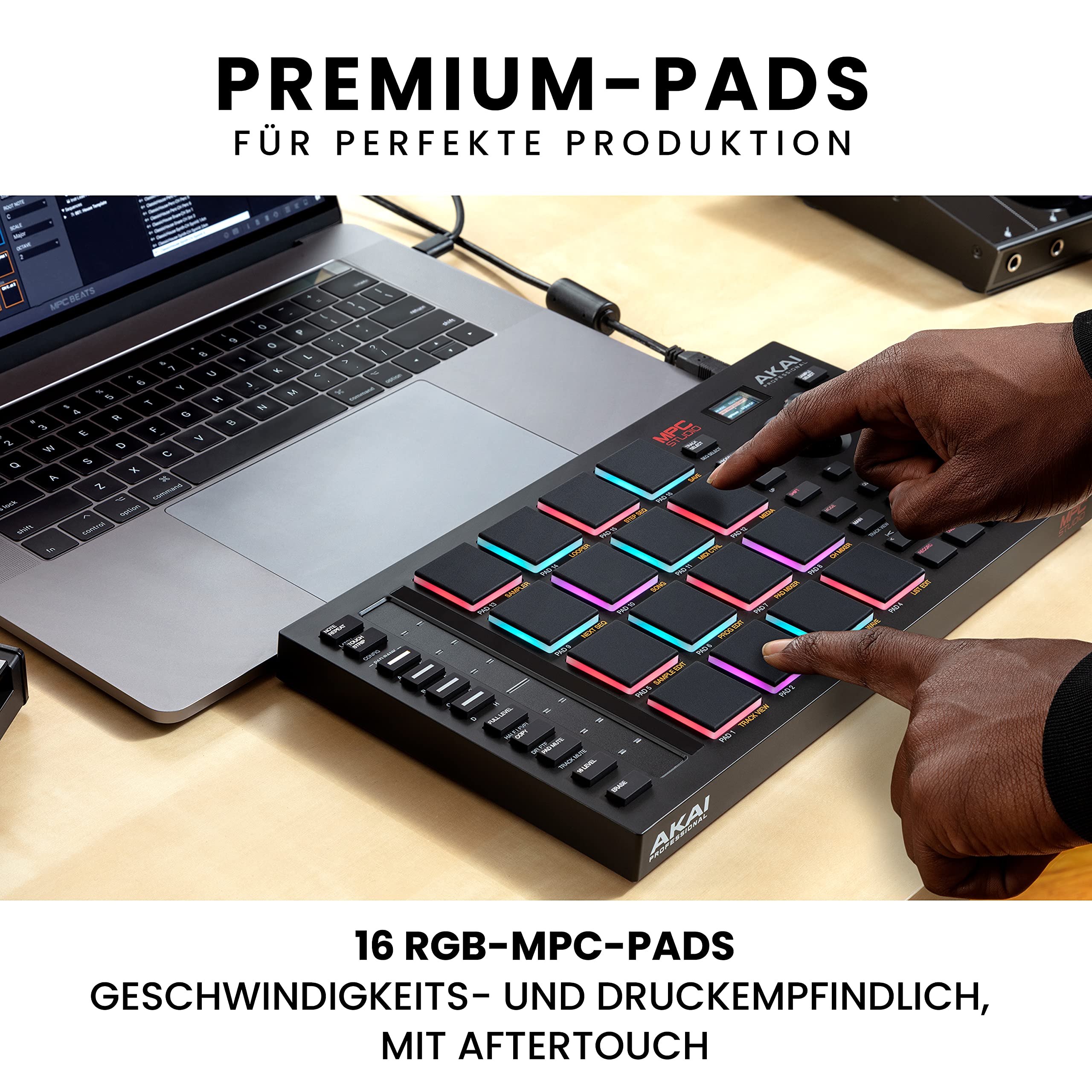 Akai Professional MPC Studio - MIDI Controller Beat Maker mit 16 anschlagdynamischen RGB Pads, MPC Software, zuweisbarem Touch Strip und LCD Display