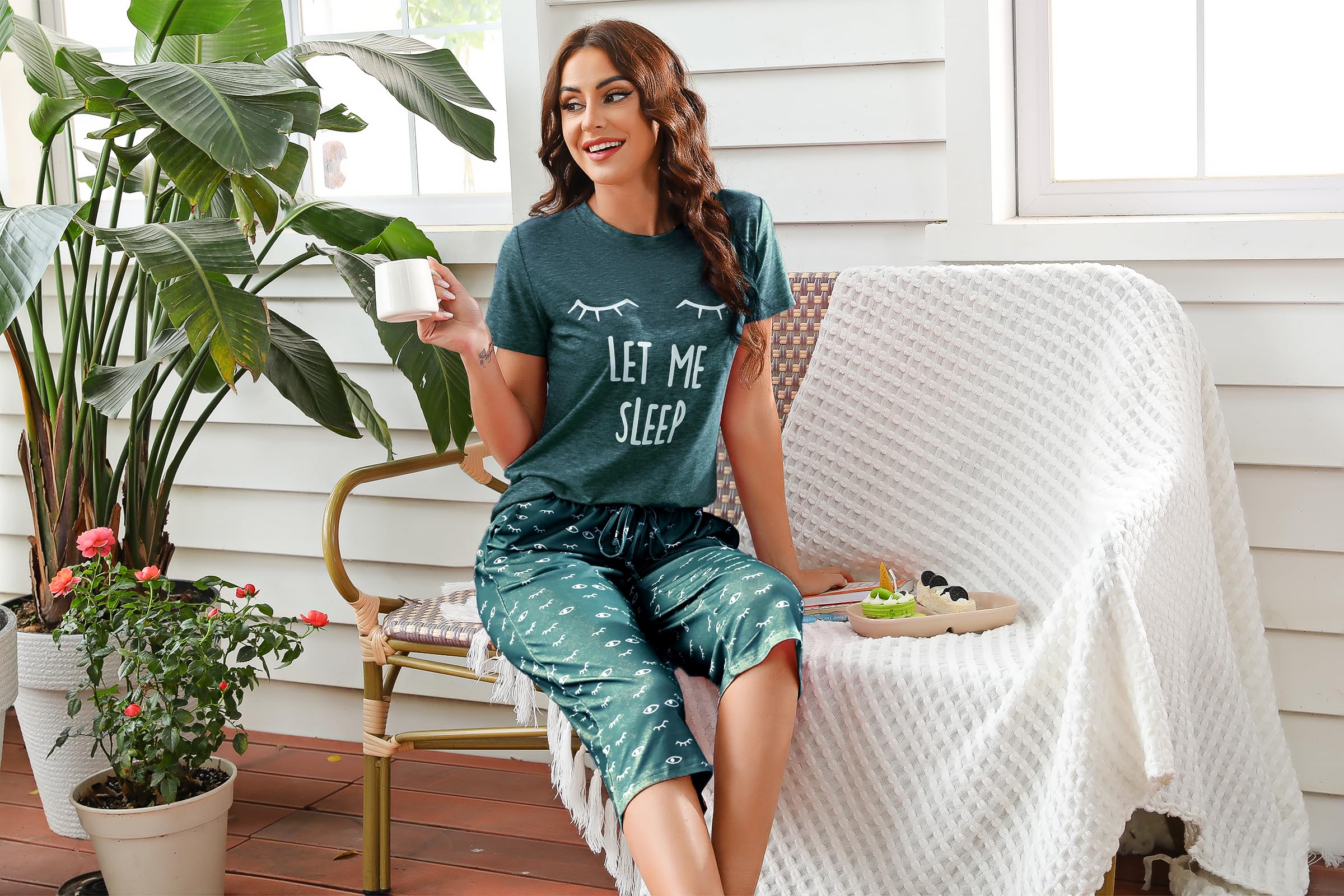 Uniexcosm Pijama de Mujer Algodón Pijama de Dos Piezas Gatos Verano Manga Corta Pijamas Mujer Ropa de Dormir Top y 3/4 Pantalones