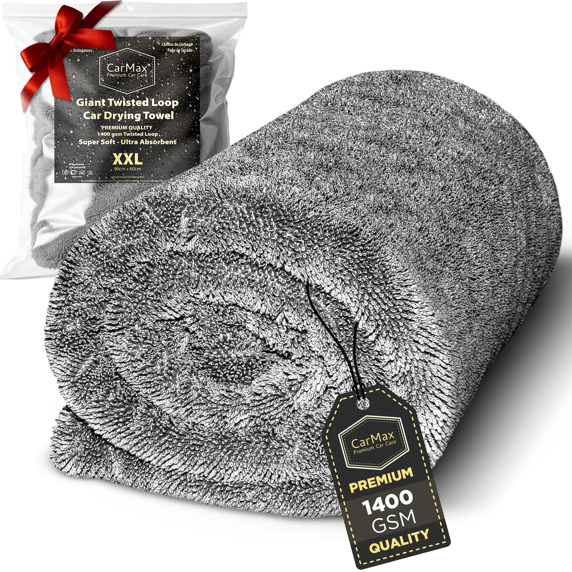 CarMax® - Original Twisted Loop Car Drying Towel - Double-Sided XXL - 90cm x 60cm 1400gsm Microfibre Towel for fast streak-free drying and detailing.