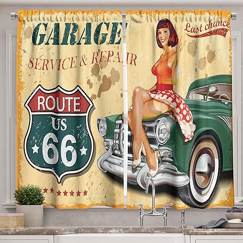 Lunarable Route 66 - Cortinas de cocina, póster de garaje de estilo vintage con una mujer en impresión retro de reparación de automóviles, cortinas