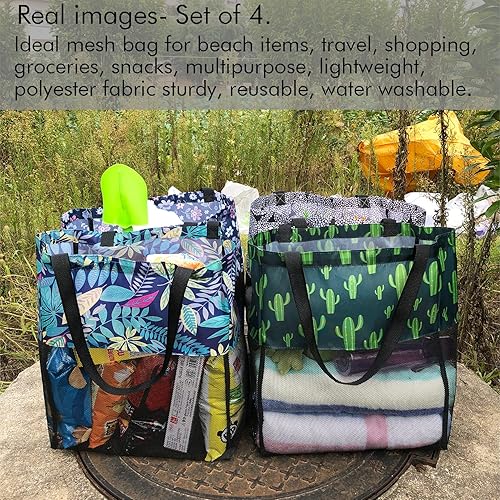 Miniatura 6 de hsmyank Paquete de 4 bolsas de playa de malla reutilizable, malla con tela de patrón, versátil para regalos, comestibles, compras, natación,
