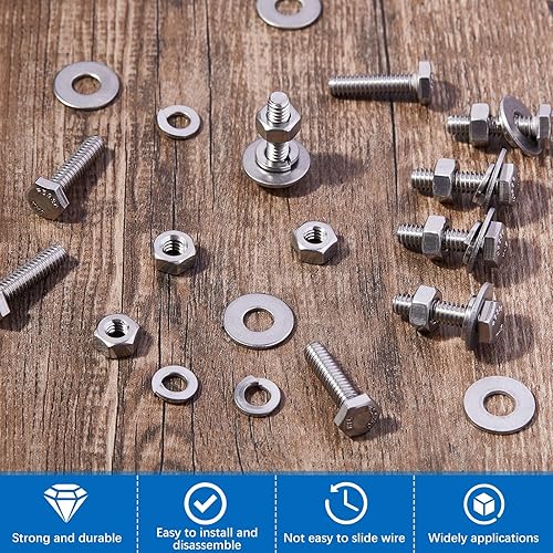 Miniatura 5 de Juego de 20 tornillos de cabeza hexagonal de acero inoxidable, tuercas, arandelas de bloqueo plano, pernos y tuercas gruesos de acero inoxidable,