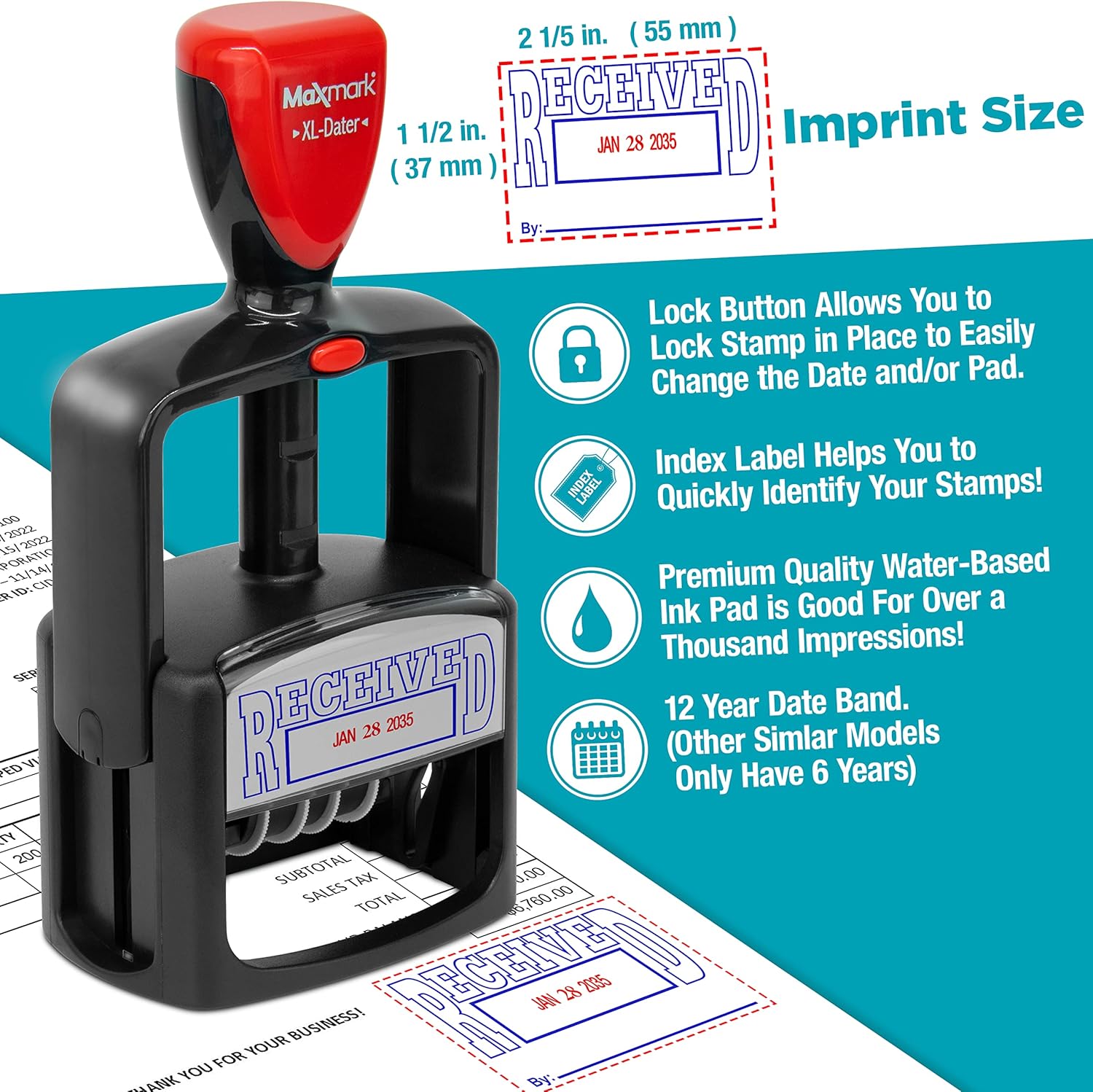 MaxMark Heavy Duty Style 5 Date Stamp with Received self Inking Stamp - Red Ink