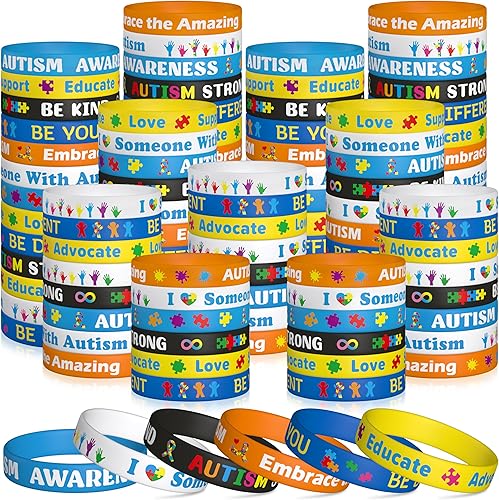 WATINC Pulseras de silicona para concientización sobre el autismo, 6 piezas de rompecabezas coloridas, cintas elásticas, pulseras de goma