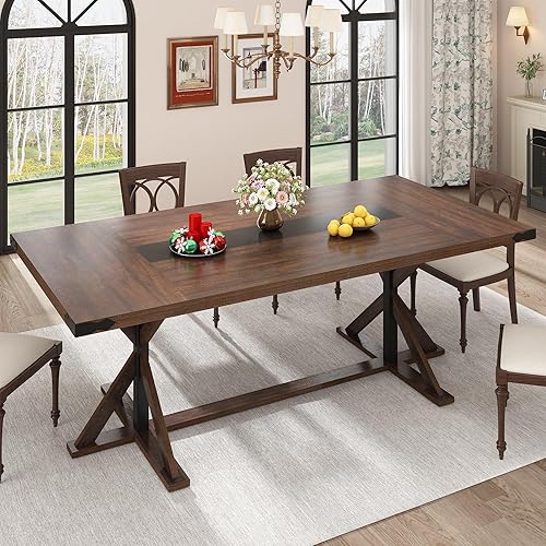 Miniatura 12 de Mesa de comedor de 71 pulgadas para 6 personas, mesa rectangular de cocina de granja con grosor impermeable, mesas de comedor largas con base de