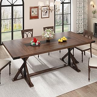 78 Inch Dining Table for 8 People, Rectangular Kitchen Farmhouse Table W/Thickness Waterproof Wood Tabletop,Long Dining Room Tables W/Wood Strip Base for Kitchen Living Room(78IN Brown)