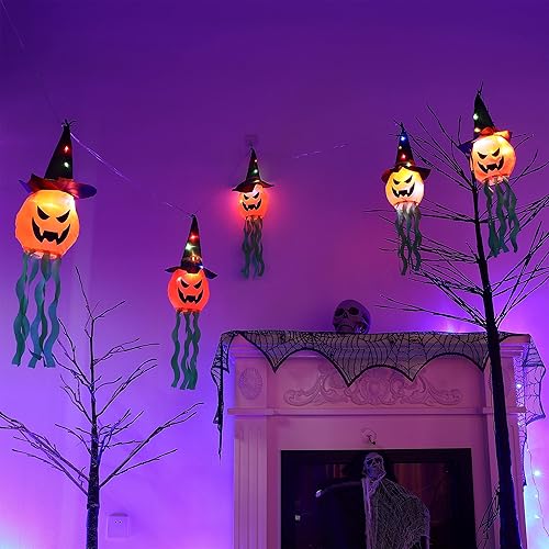 Miniatura 5 de Guirnalda de luces de Halloween para colgar al aire libre, 12 pies, 30 luces LED, 5 piezas de sombrero de bruja aterrador, calabaza, funciona con