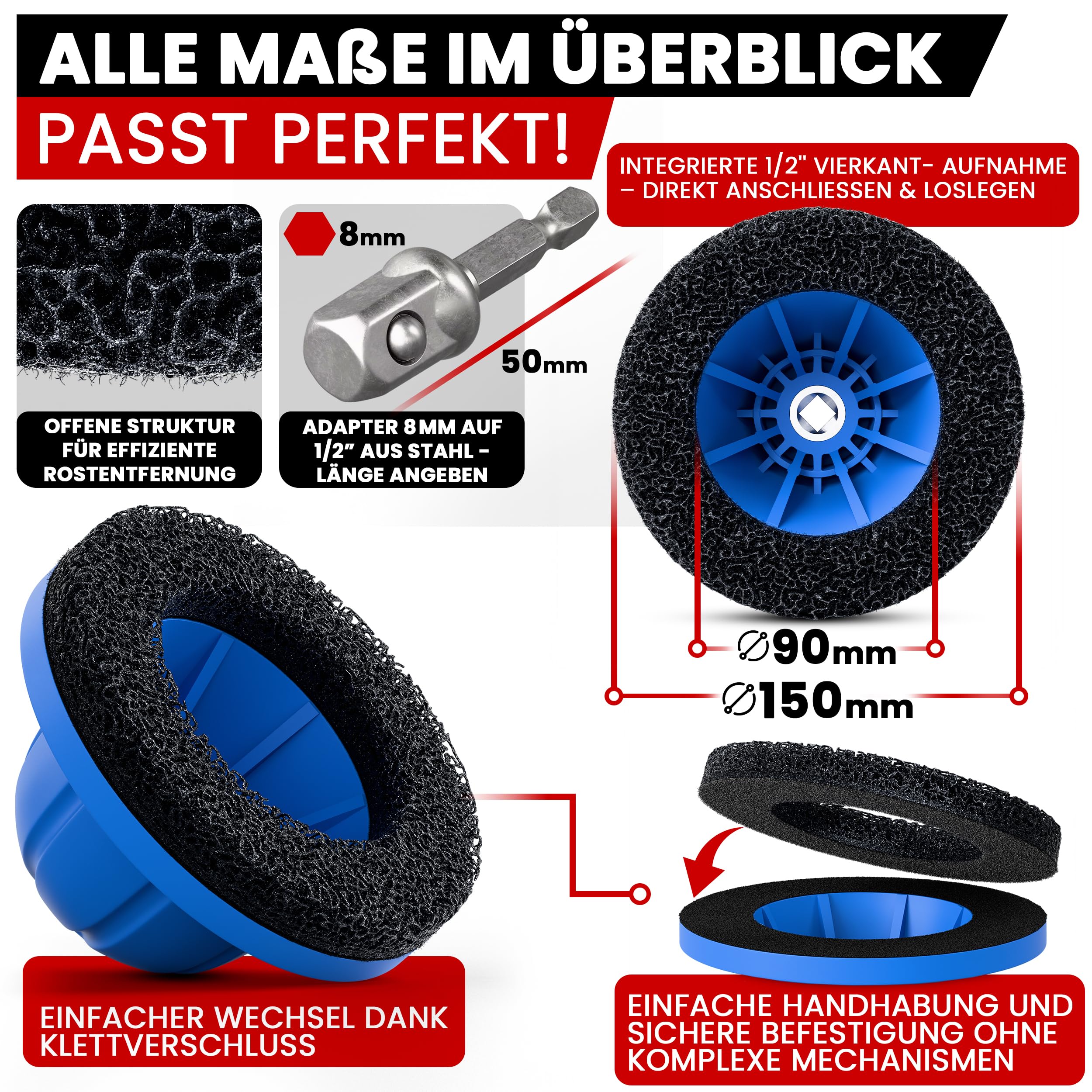 FACELIFT Radnabenschleifer Ø150mm – inkl. Schleifpad, Adapter & Tasche – für saubere Radaufnahme & festen Felgensitz – ideal beim Radwechsel am Auto oder Werkstatt (3x Schleifpad, 150mm, 20, Mittel)