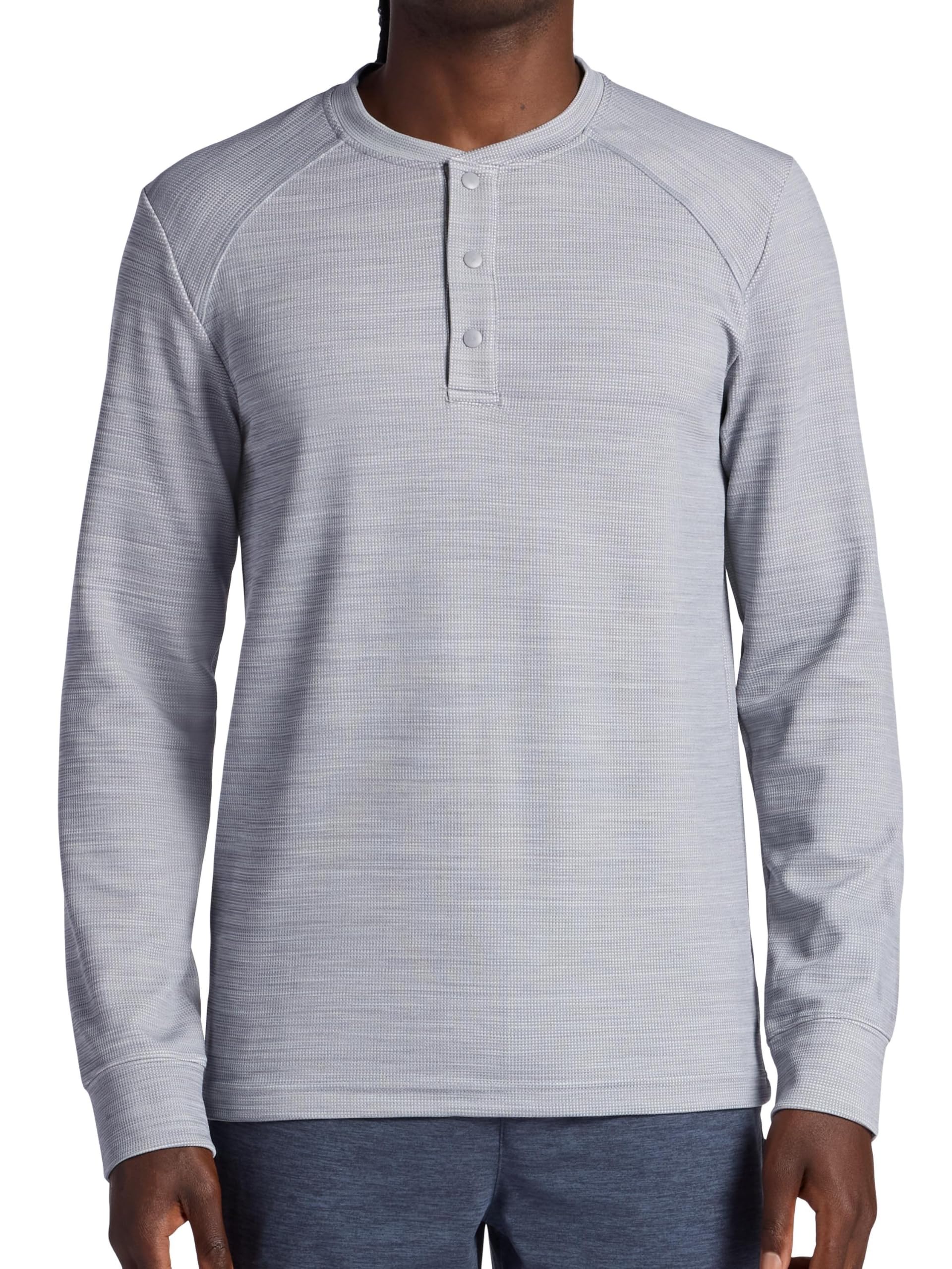 Gaiam Men's Sleet Heather Cozy & Cool Henley Shirt, Standard Fit, Stretch Midweight Micro Waffle Jacquard Material, S