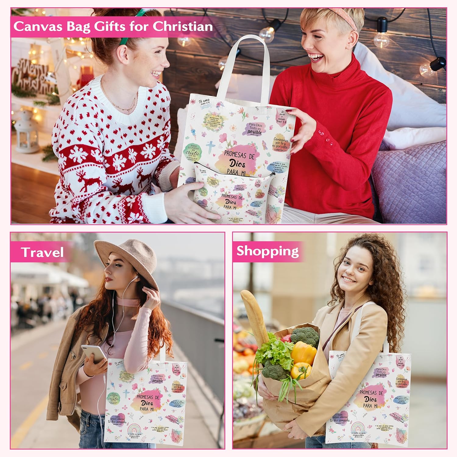 Y1tvei Spanish Christian Gifts For Women - 3Pcs Promesas De Dios Para Mi Spanish Bible Verse Canvas Tote Bag with Keychain Inspirational Christian Religious Makeup Bag Spiritual Catholic baptism Gifts - Image 2