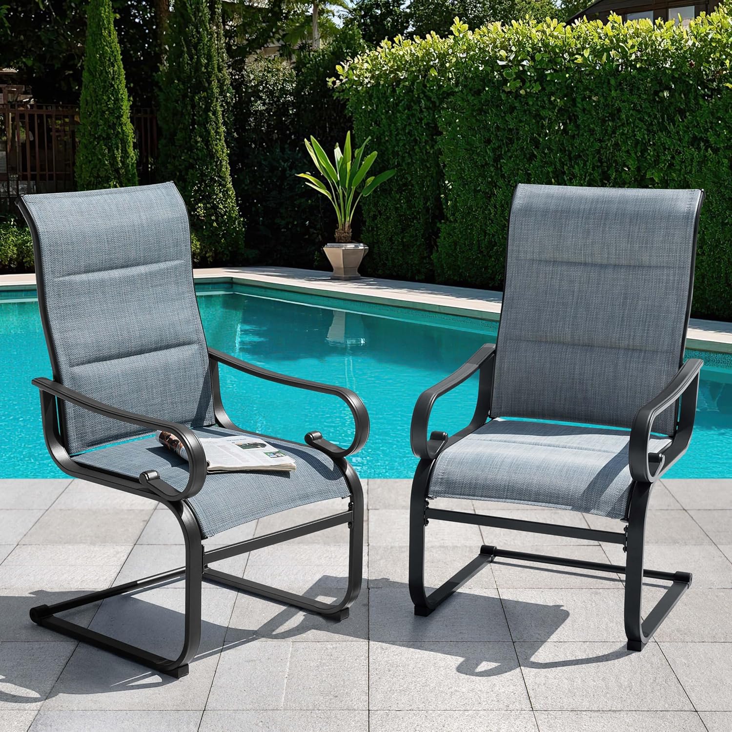 NUU GARDEN Padded Textilene Patio Dining Chairs Set of 2, C-Spring Patio Chairs with Curved Armrests, Powder-Coated Metal Frame Patio Furniture for Backyard Garden Poolside Lawn, Blue and Black