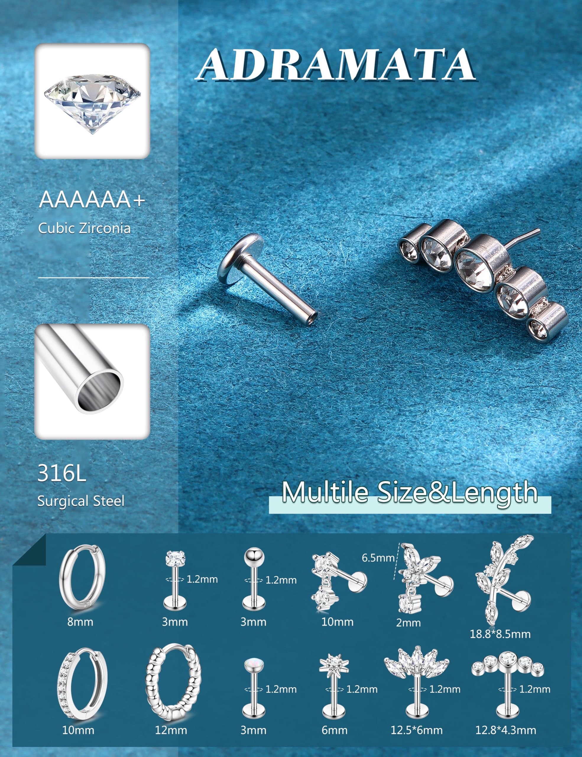 GXNRHG Biżuteria do piercingu Helix Zestaw do przekłuwania tragusa ze stali chirurgicznej Bezgwintowy wciskany płaski tył Labret Kolczyki do nosa Kolczyki na chrząstkę Obręcze Srebrna złota muszla