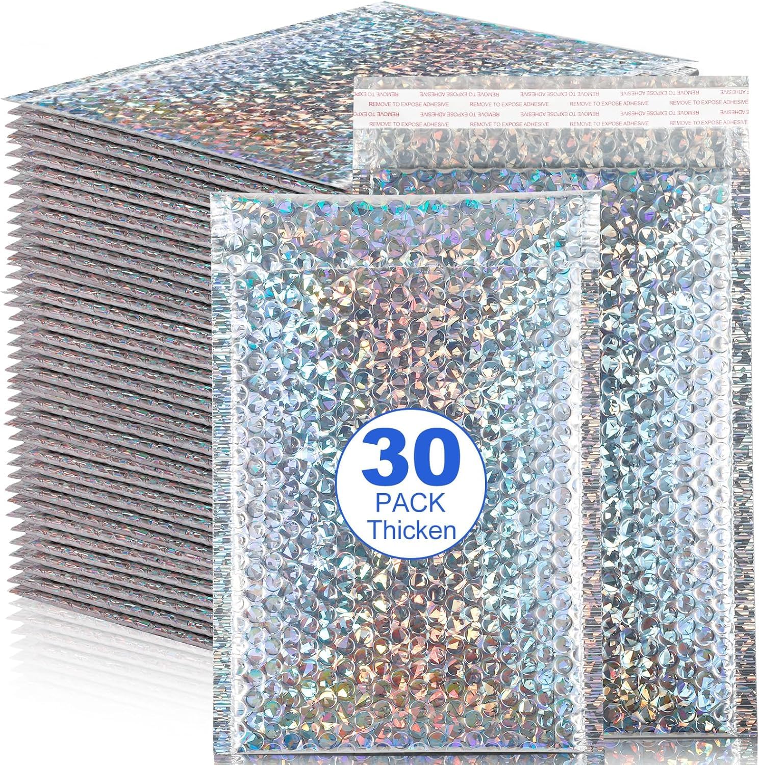 30 Pcs Holographic Bubble Mailers, 11 x 7 Inch Metallic Self-Sealing Poly Padded Envelopes, Waterproof Thick Shipping Bags for Mailing, Packing & Small Business (Silver)