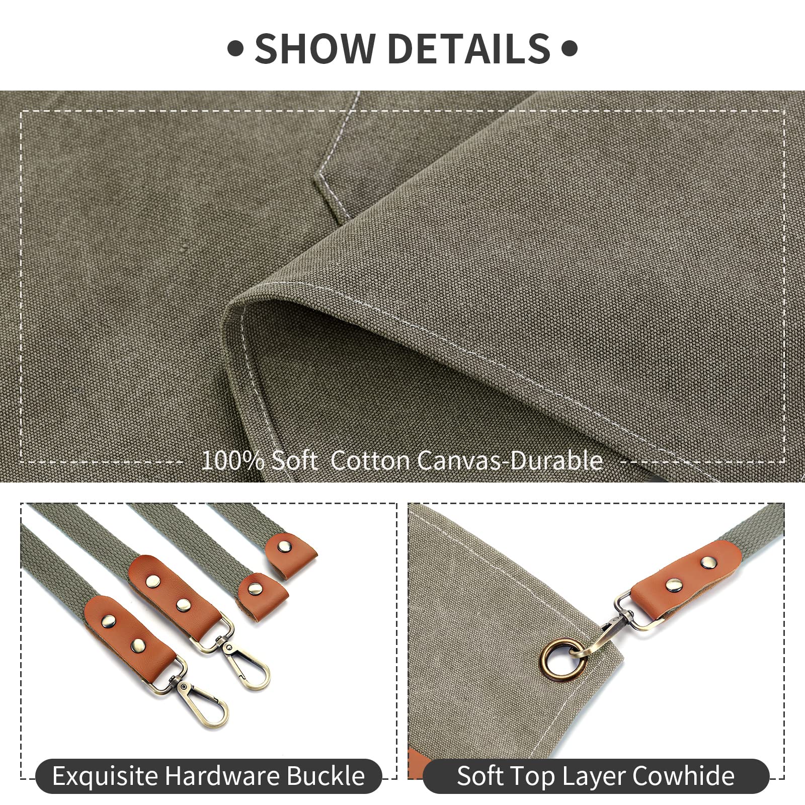 ZOMAO Delantal de chef, delantal de lona con espalda cruzada con bolsillos para hombres y mujeres, delantal de cocina para hornear, Gris Verde, M-XXL