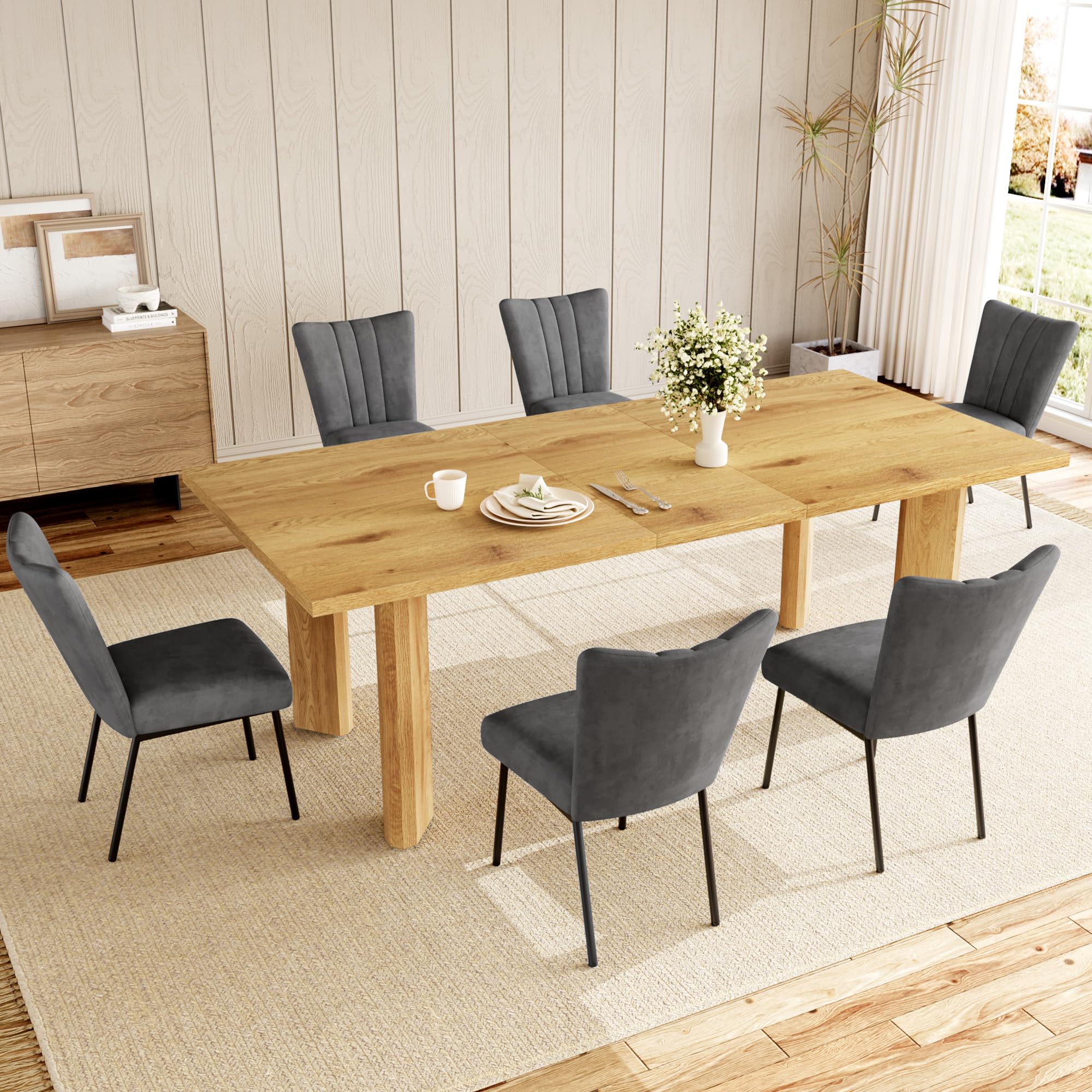 HIPIHOM Extendable Dining Table for 6-8 People, 63 to 78.7 Inch Rectangular MDF Table, Farmhouse Rustic Style, Space-Saving Design for Dining Room,