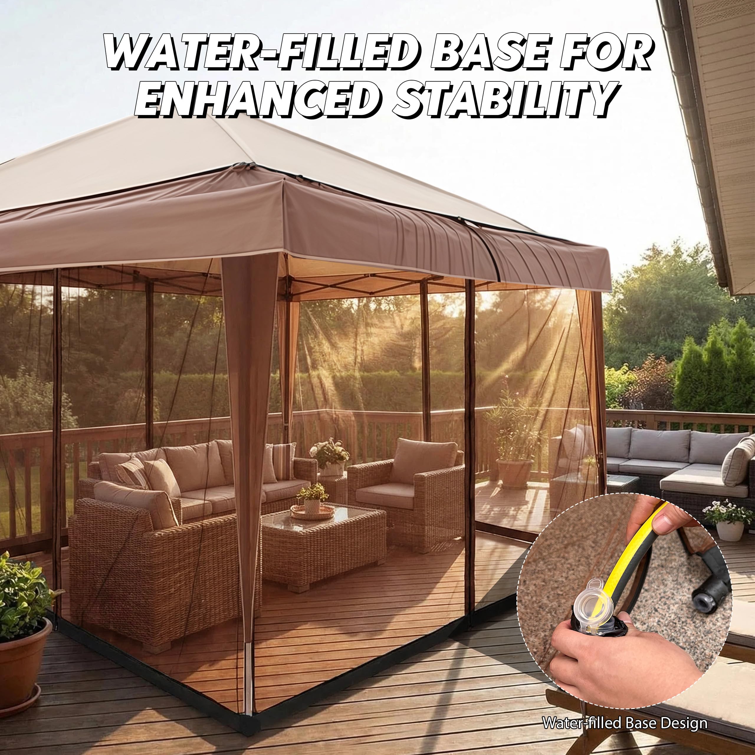 Zanzariera per gazebo 3 x 3 m, zanzariera regolabile | 2 porte con chiusura lampo per zanzariera, con supporto riempito d'acqua, per giardino, patio, cortile, campeggio