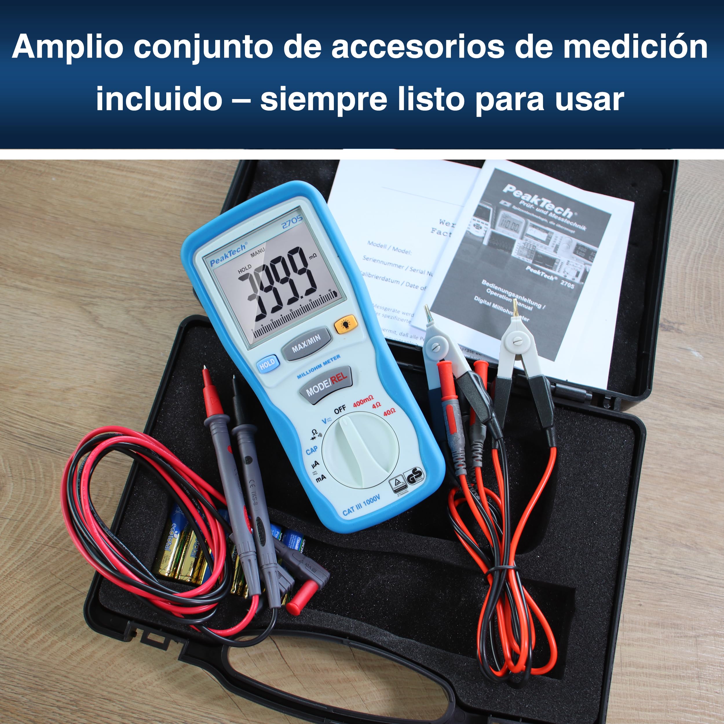 PeakTech 2705 Miliamperímetro digital CAT III 1000 V con cables Kelvin de 4 pines