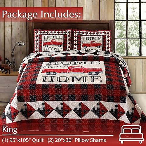 Miniatura 3 de Virah Bella Juego de ropa de cama de 3 piezas tamaño King - Strain Red Truck Home Sweet Home - Edredón reversible de campamento rústico con fundas