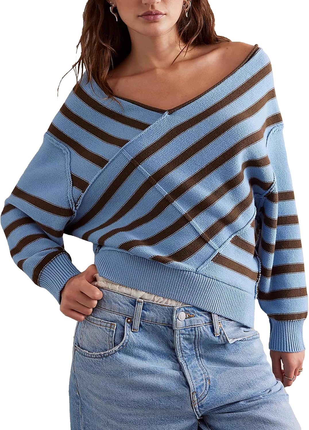 Women's Long Sleeve Striped Color Block Knitted Sweater V Neck Oversized Pullover Jumper Tops
