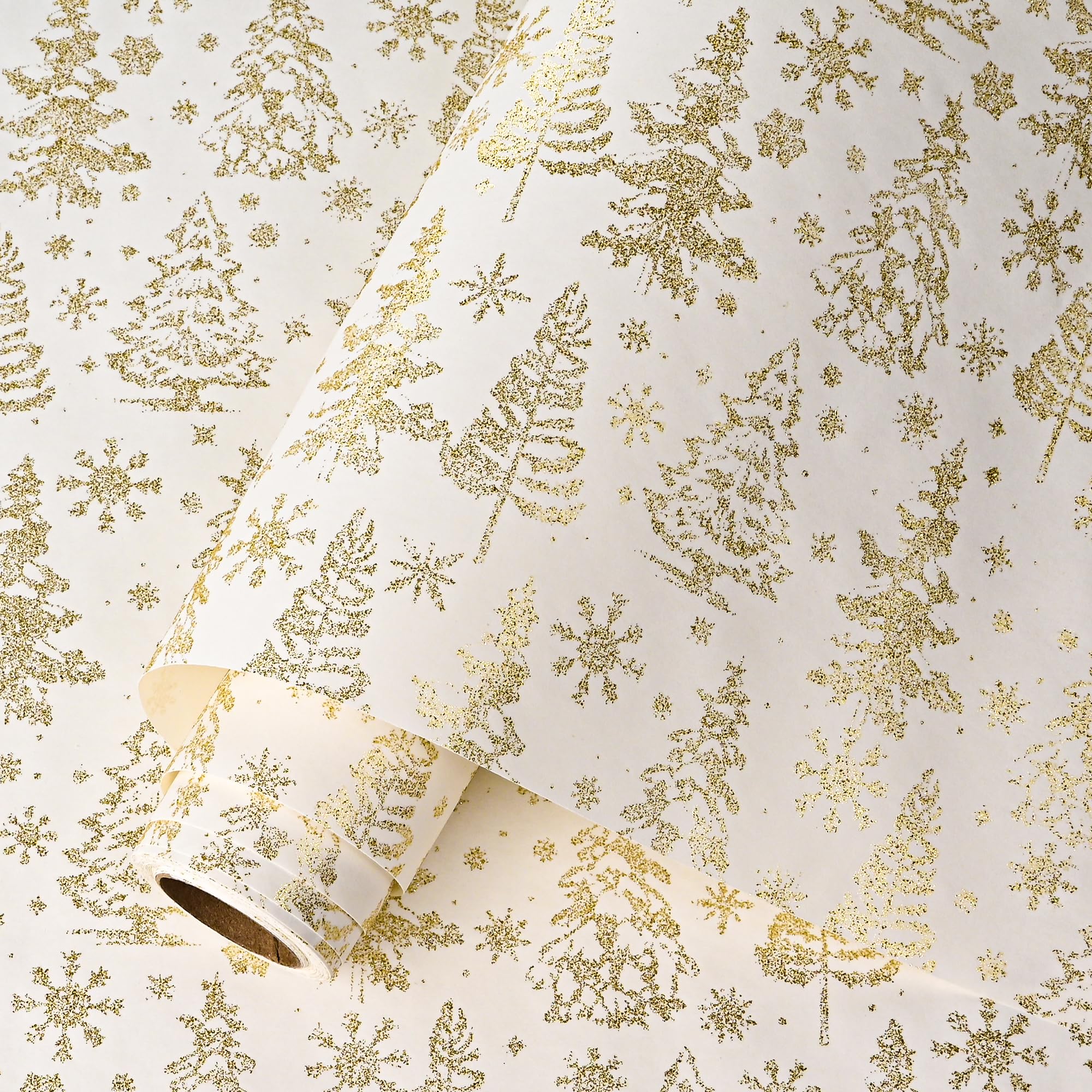Dlyrroba Reversible Wrapping Paper Roll - Silver Metallic Foil Gift Wrap with Trees, Stripes Design for Holiday Winter (White Gold Christmas Tree, 17 inch X 16.5feet)