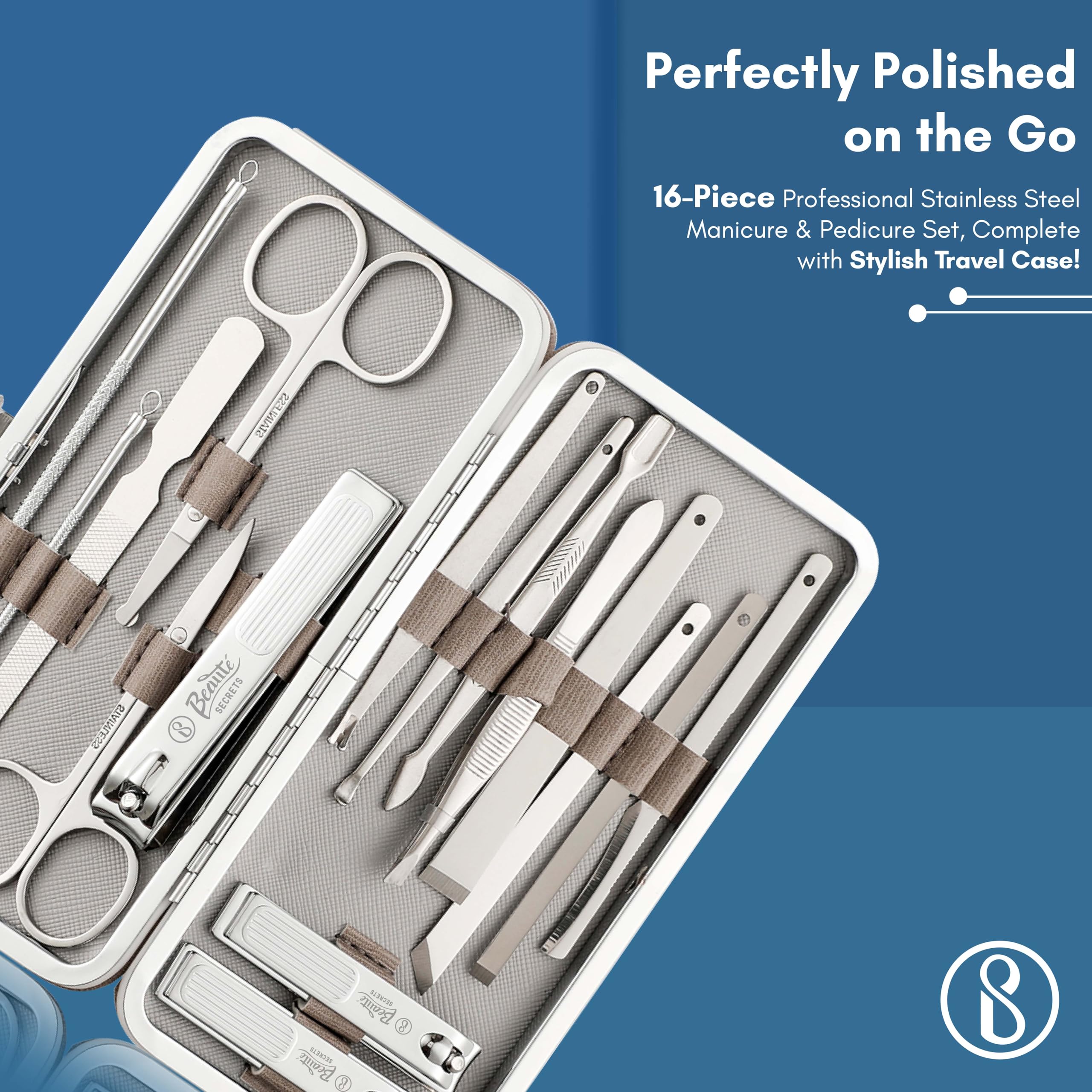 Beauté Secrets Essentials Manicure Set Nail Clippers Kit Manicure Pedicure Gift Set, 16Pcs Professional Stainless Steel Pedicure Care Tools Women Travel Grooming Kit with Case (Grey) - Image 4 thumbnail