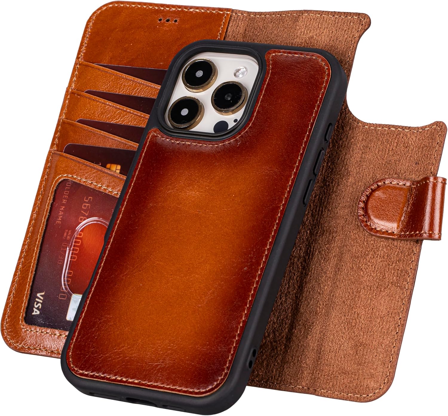 Bayelon Wallet Case for iPhone 16 Pro 6.3", Full Grain Leather Wallet Case, Detachable Magnetic Flip Folio Cover, Card Holder, MagSafe Compatible, RFID Blocking Case (Rustic Tan) - Image 8
